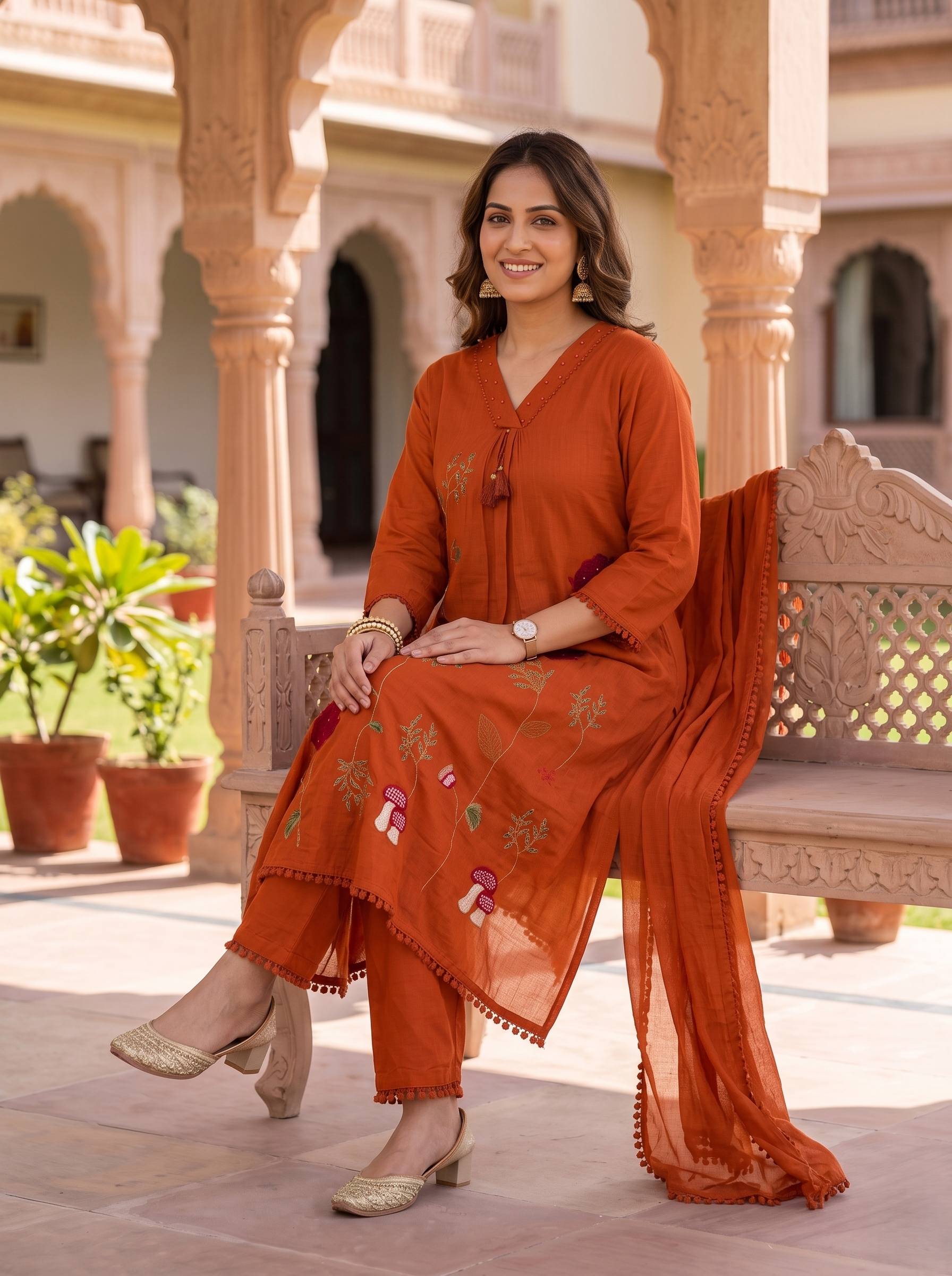 RUST ROSE EMBROIDERED PURE MUL COTTON A-LINE SUIT SET