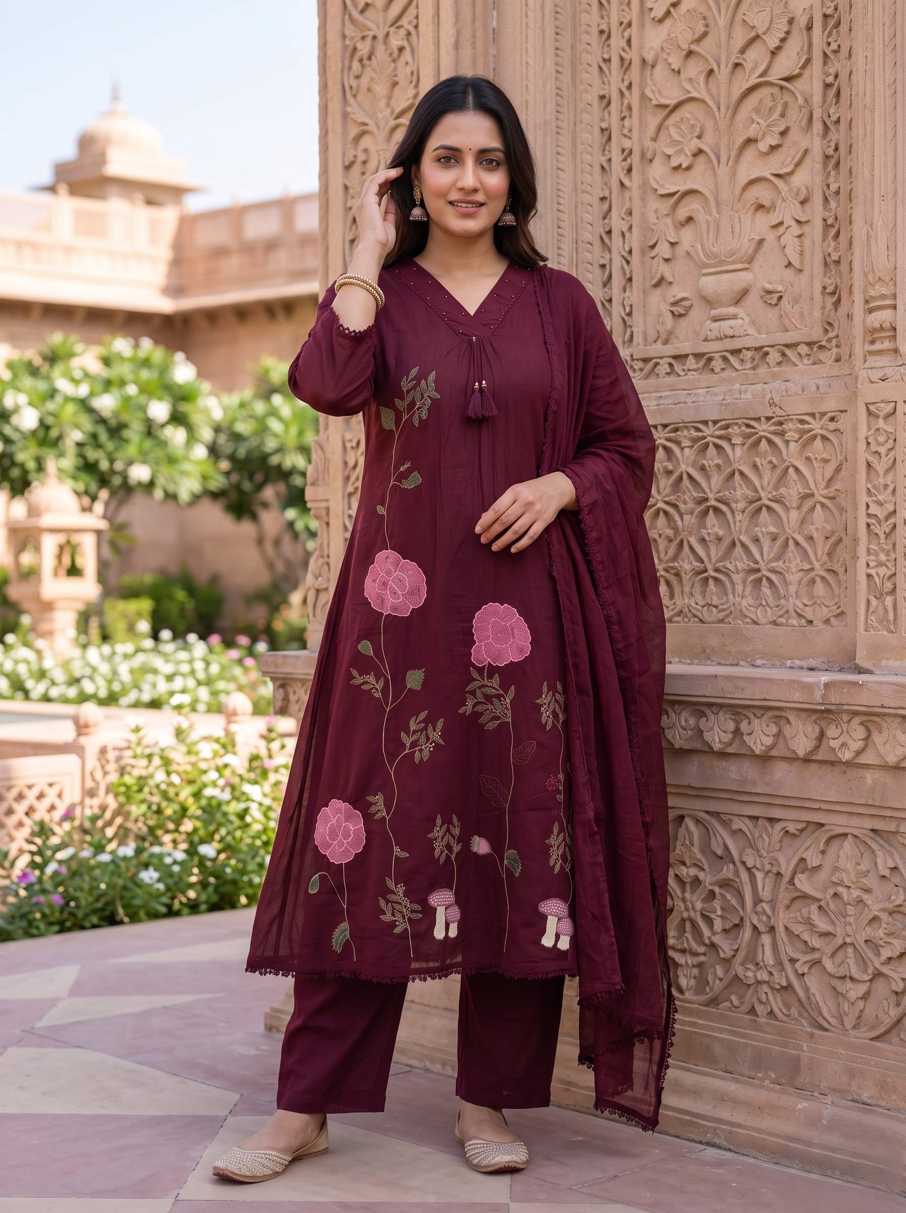 WINE RED PURE MUL COTTON A-LINE SUIT WITH DUPATTA