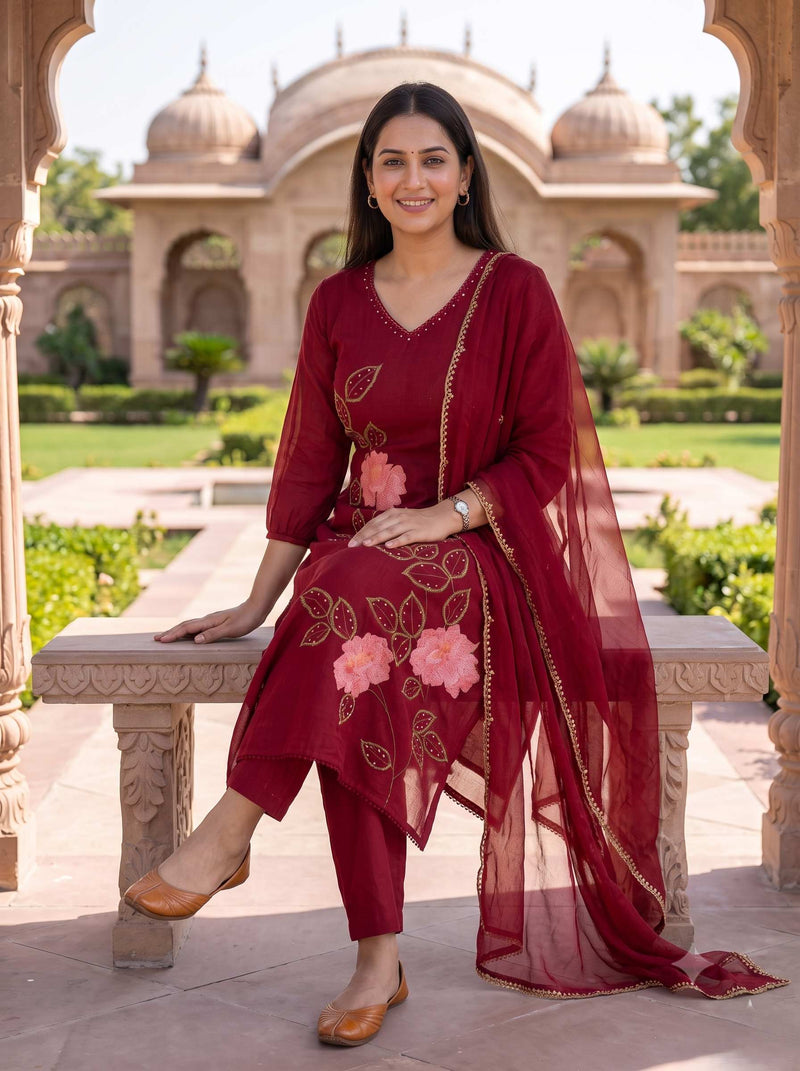 MAROON ROSE ELEGANCE PURE MUL COTTON A-LINE SUIT