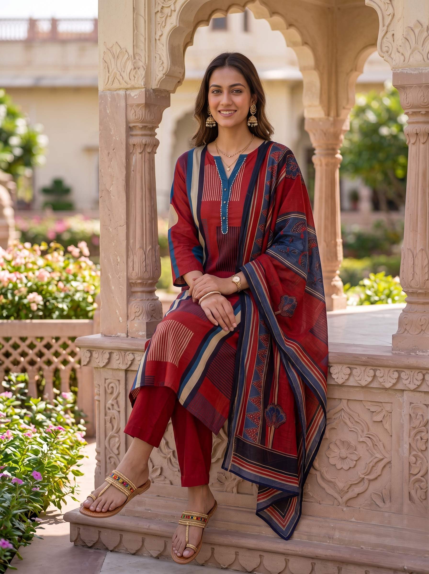 RUSTIC GEOMETRIC GRACE PURE COTTON THREADWORK A-LINE SUIT