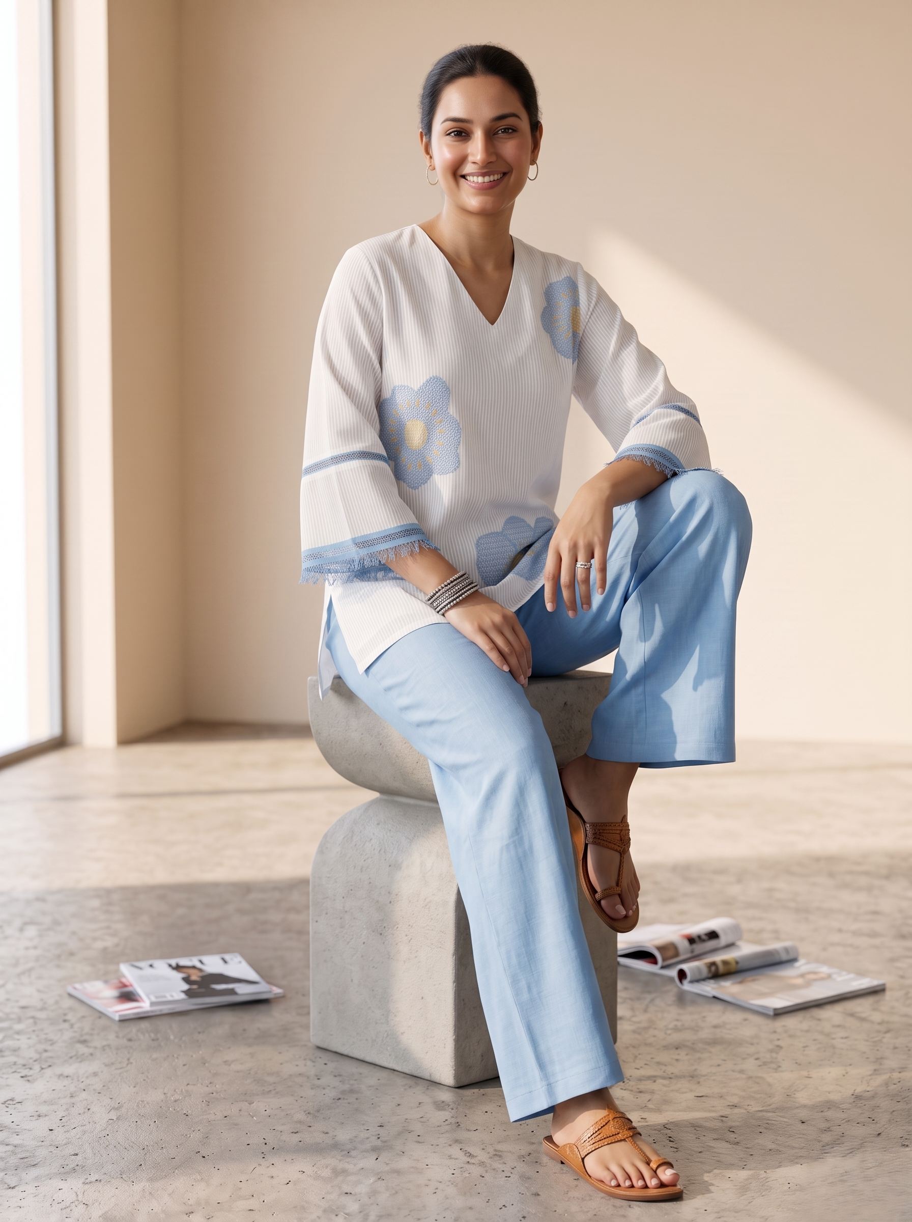 ELEGANT BLUE BLOOM PURE COTTON CO-ORD SET