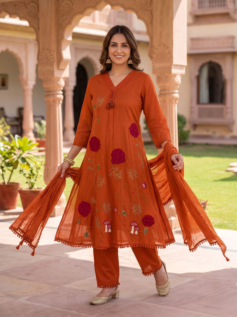 RUST ROSE EMBROIDERED PURE MUL COTTON A-LINE SUIT SET