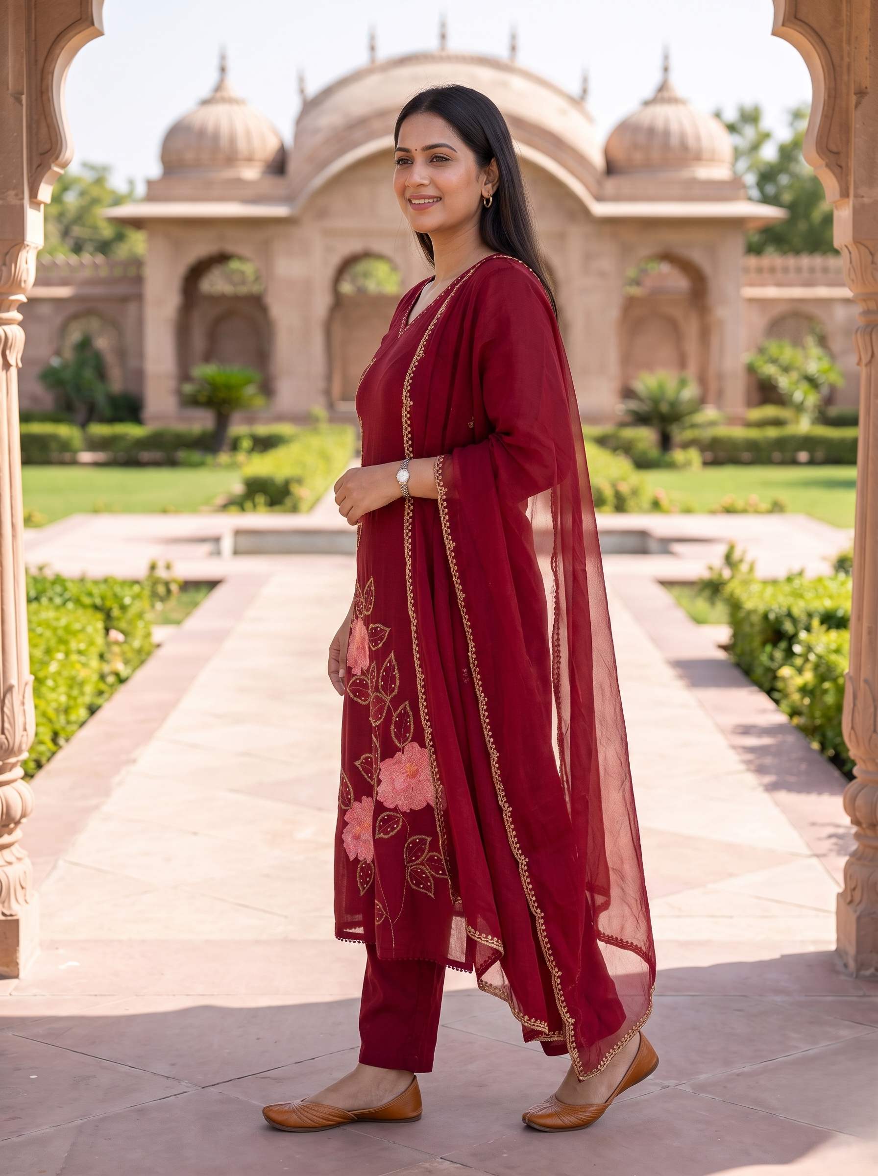 MAROON ROSE ELEGANCE PURE MUL COTTON A-LINE SUIT