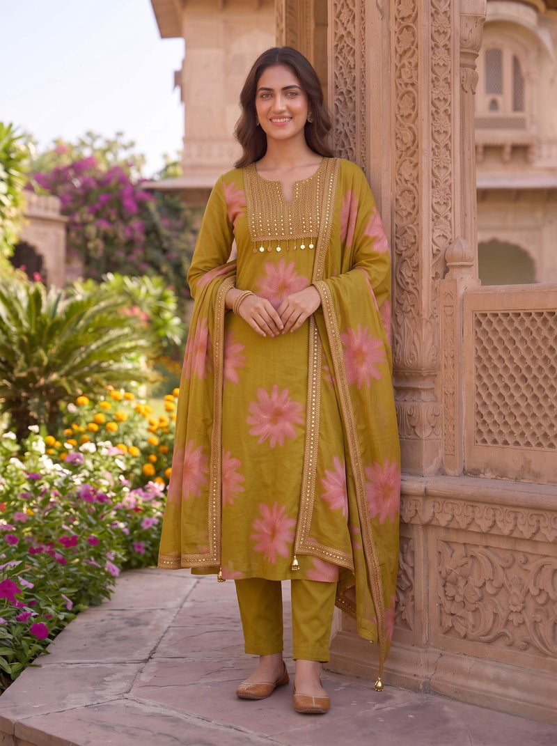 GOLDEN OLIVE BLOSSOM HANDWORK COTTON SUIT WITH DUPATTA