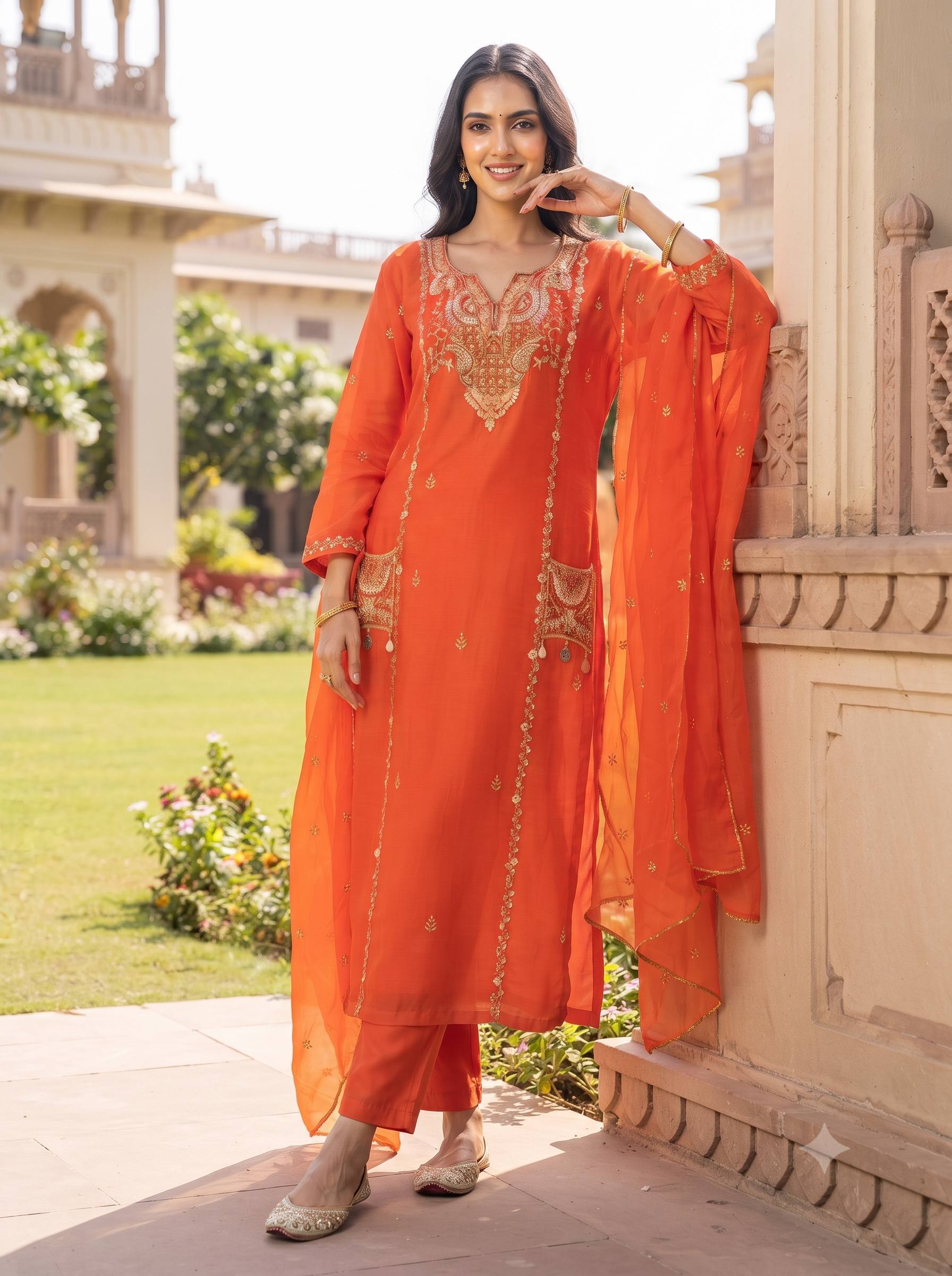 MEERA STRAIGHT HANDWORK POCKET PURE SILK SUIT SET