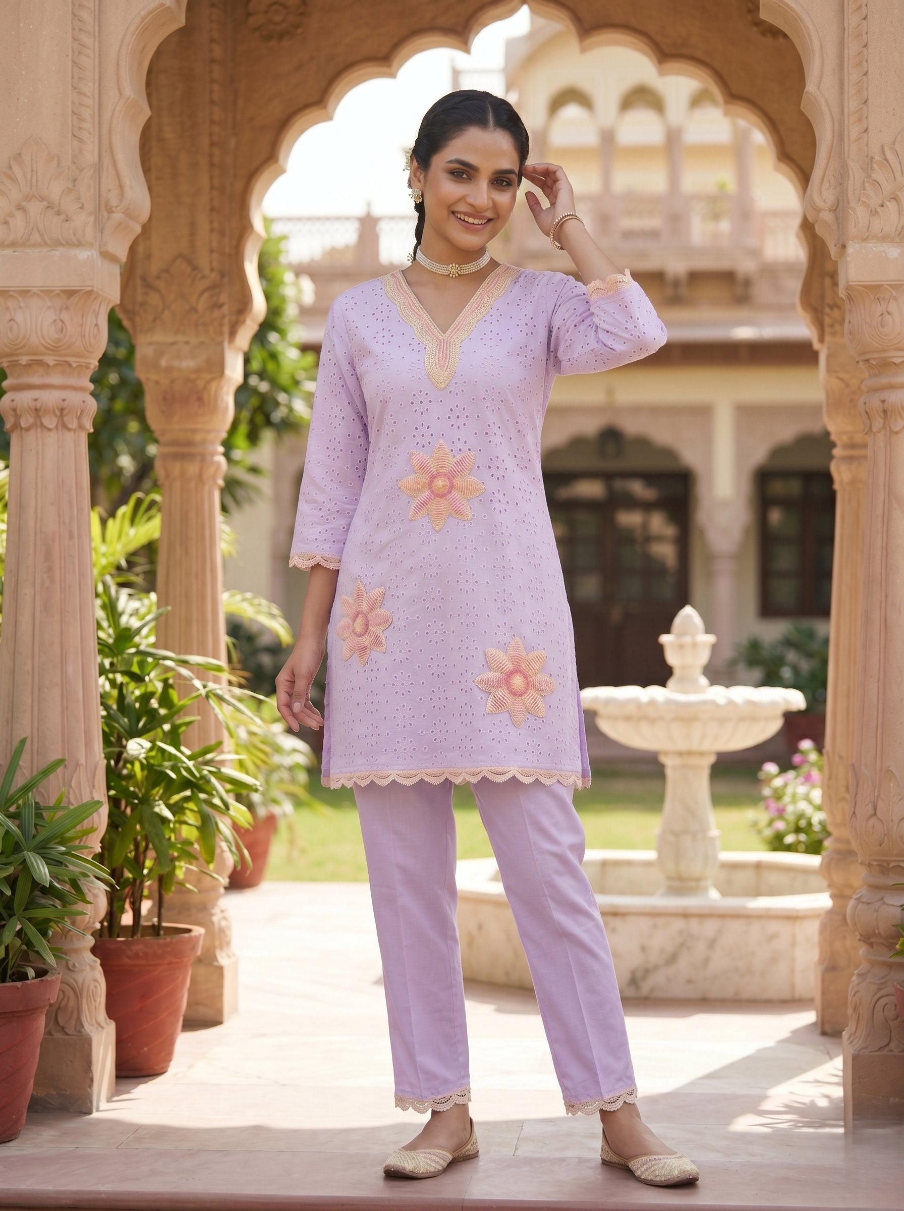 LAVENDER BLOOM CHIKANKARI PURE COTTON CO-ORD SET