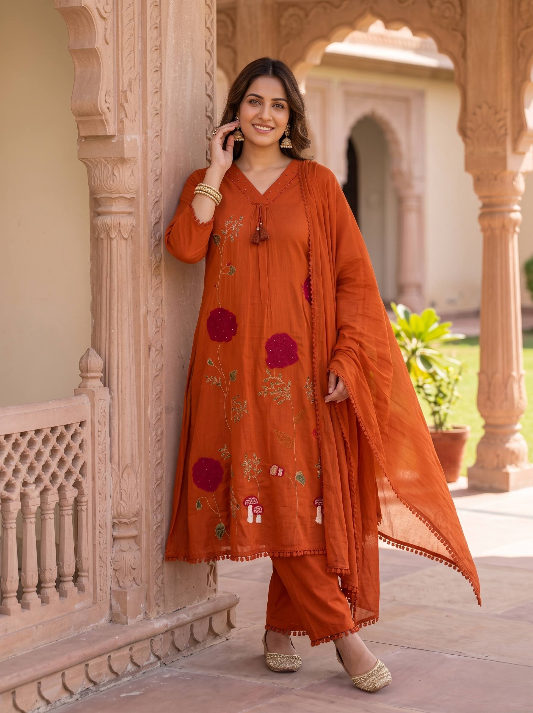 RUST ROSE EMBROIDERED PURE MUL COTTON A-LINE SUIT SET
