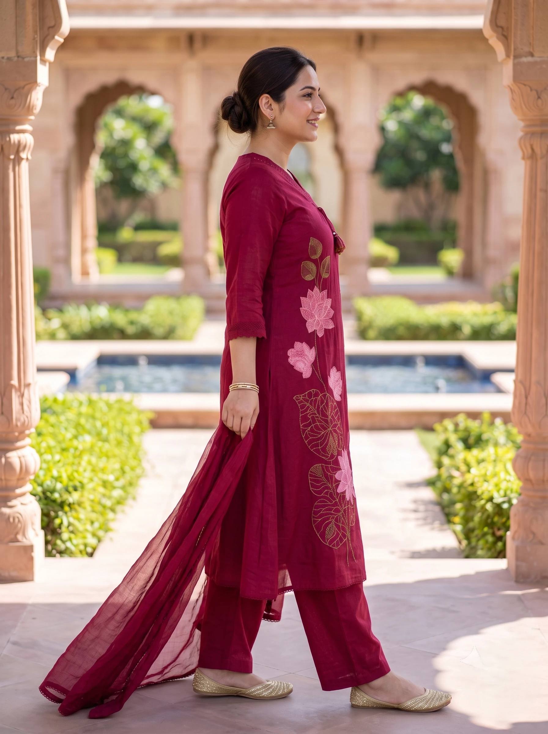 MAROON BLOSSOM THREADWORK A-LINE MUL COTTON SUIT