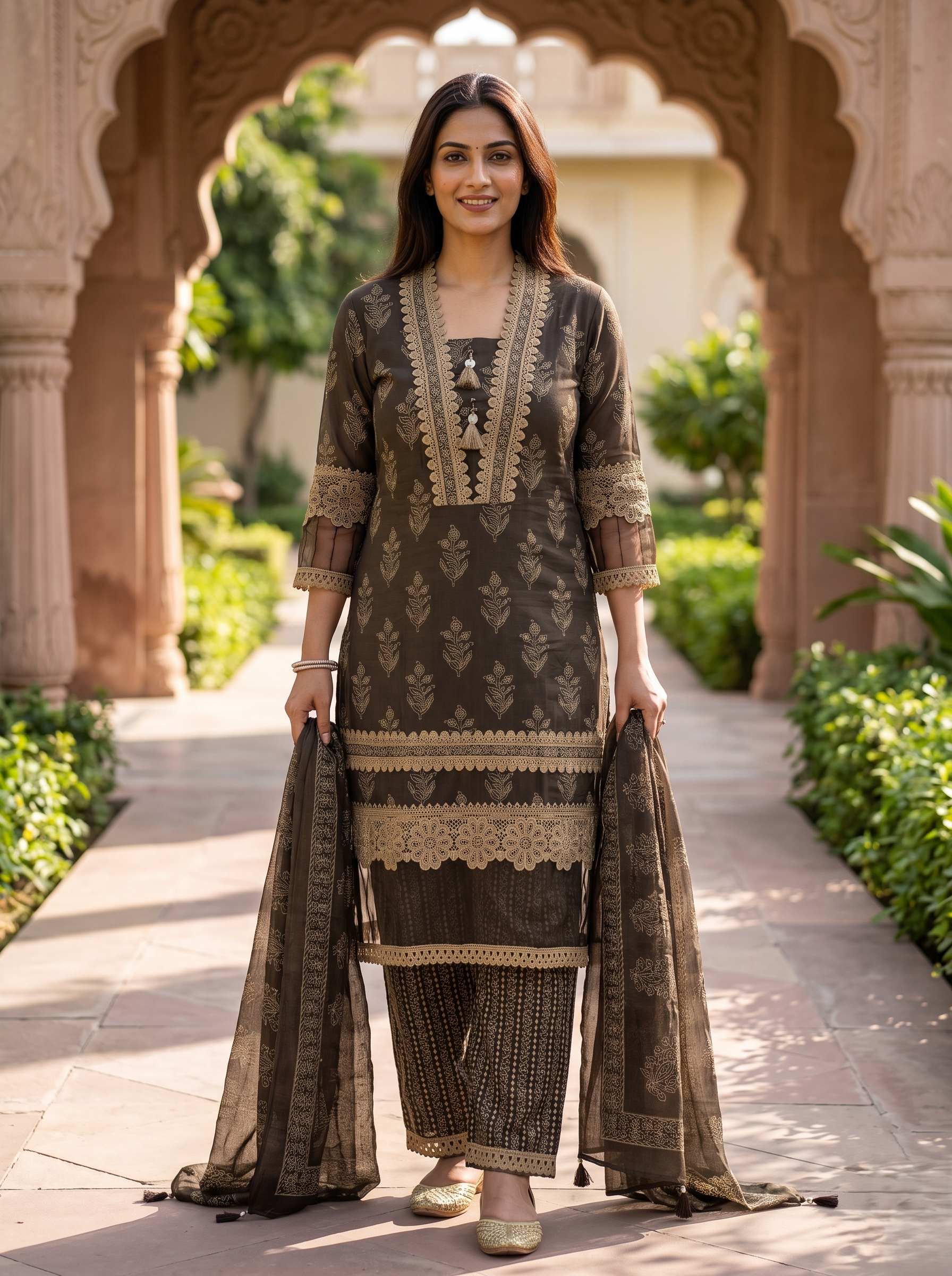 CHOCOLATE BROWN EMBROIDERED COTTON PAKISTANI SUIT WITH DUPATTA