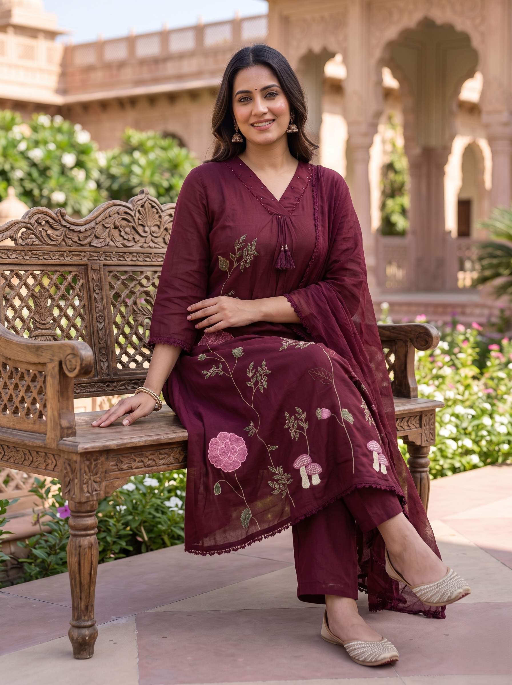 WINE RED PURE MUL COTTON A-LINE SUIT WITH DUPATTA