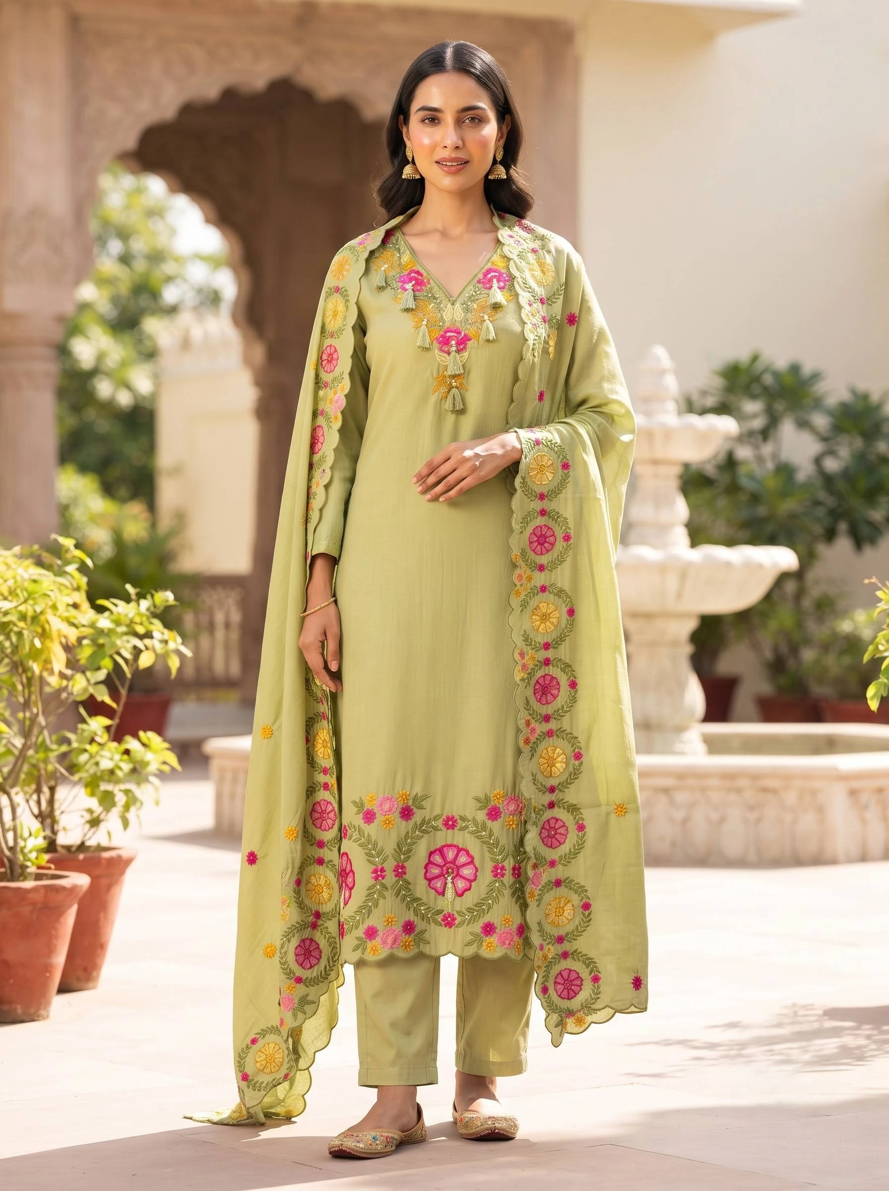 GIVA GREEN THREADWORK STRAIGHT SUIT SET