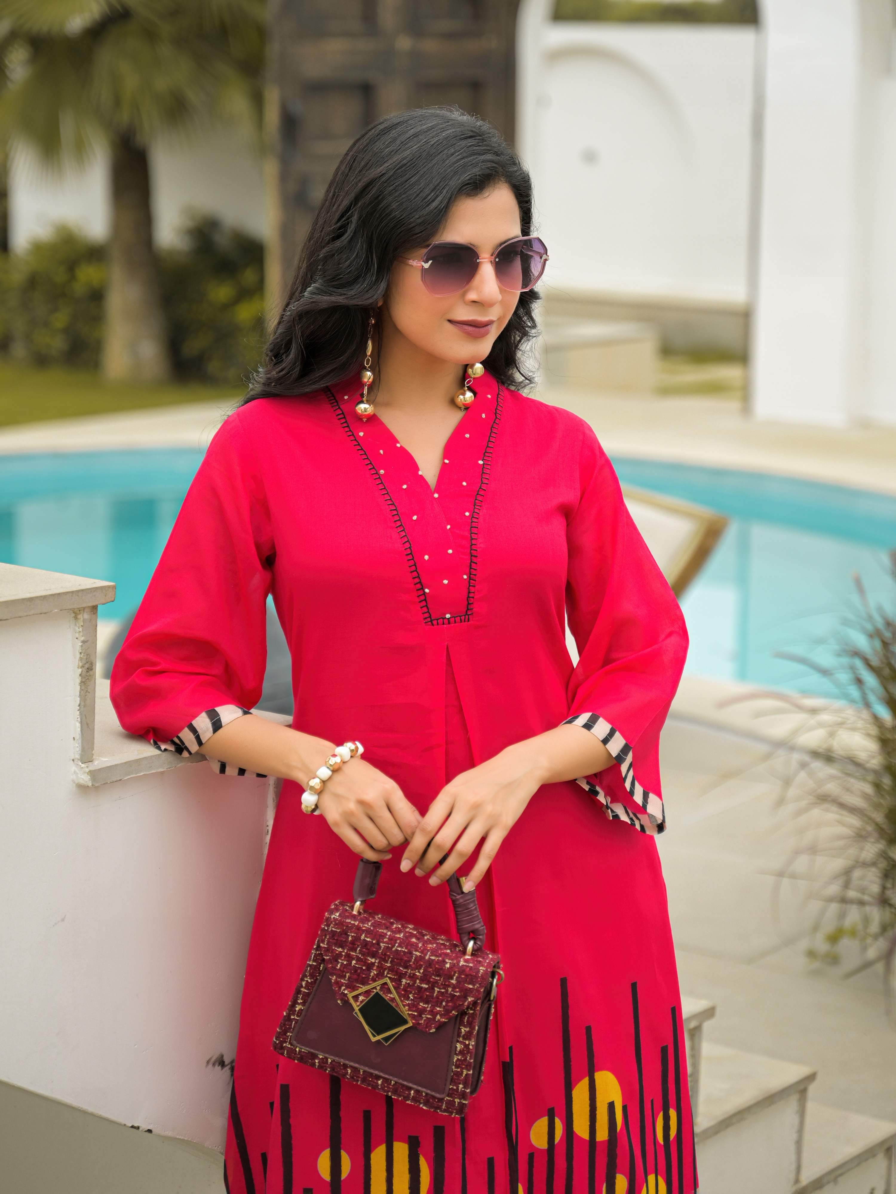 HOT PINK ABSTRACT KURTA SET