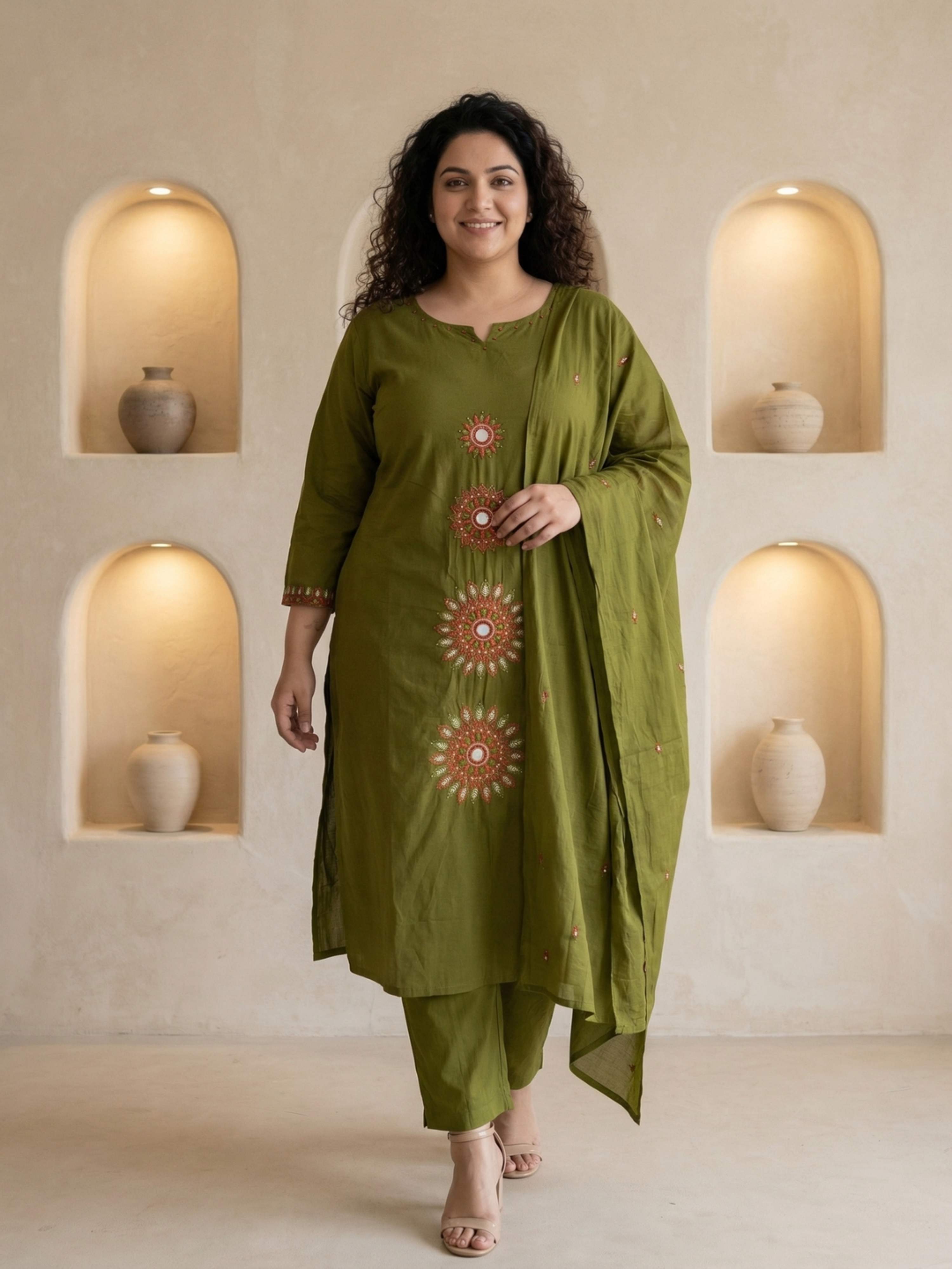 OLIVE GREEN CIRCLE EMBROIDERED SUIT WITH DUPATTA