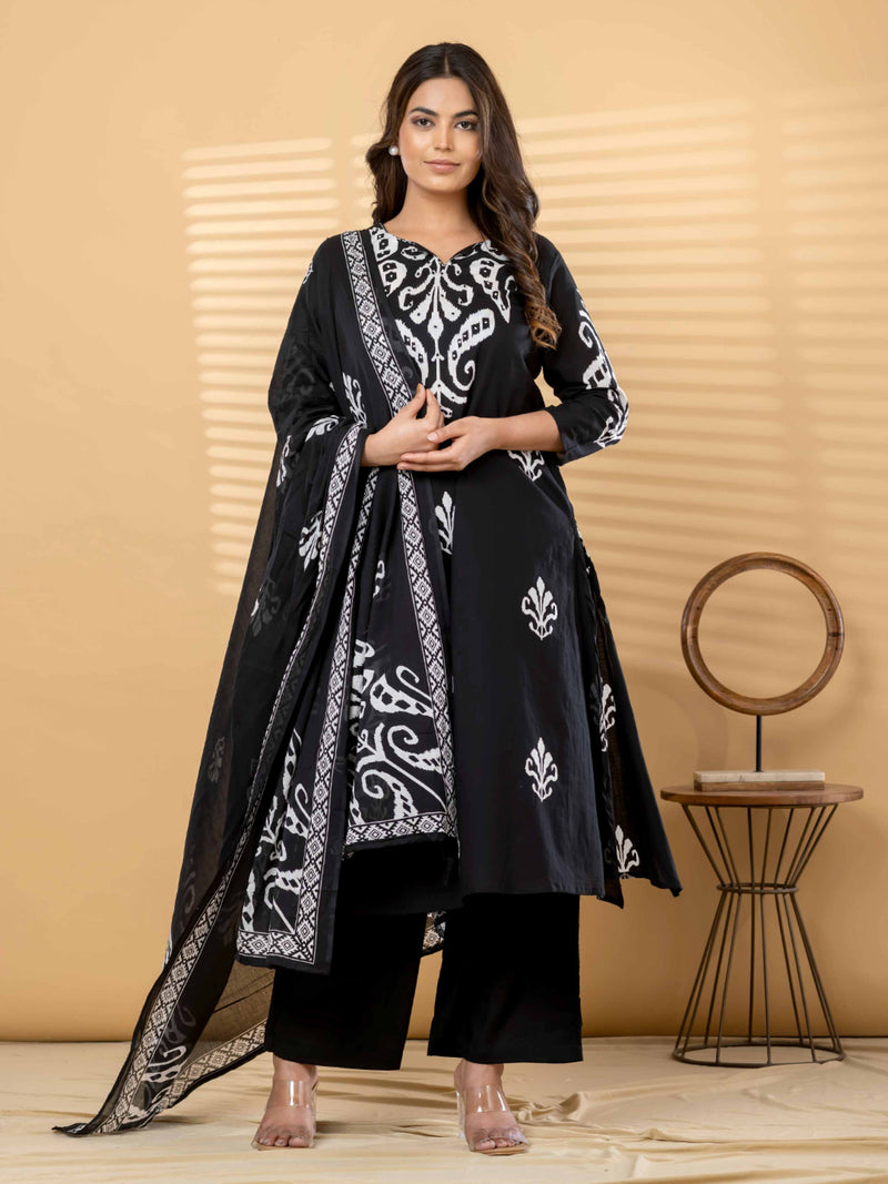BLACK IKKAT PRINT PURE COTTON SUIT WITH DUPTTA