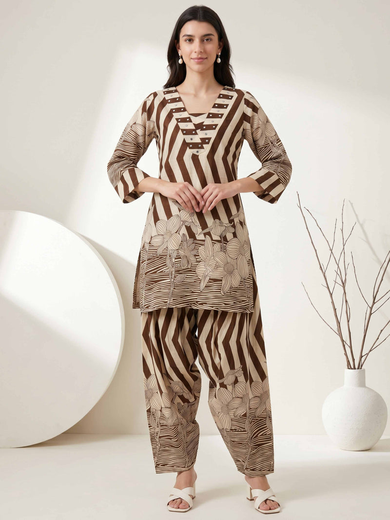 EARTHY STRIPE BLOOM PURE COTTON FARSHI CO-ORD SET