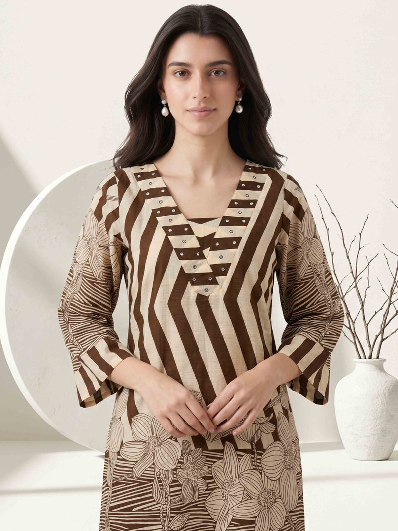 EARTHY STRIPE BLOOM PURE COTTON FARSHI CO-ORD SET