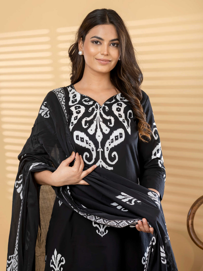 BLACK IKKAT PRINT PURE COTTON SUIT WITH DUPTTA