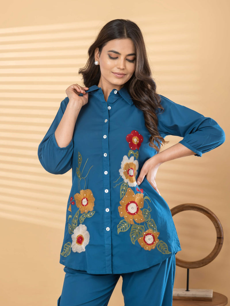 TEAL BLOOM EMBROIDERED PURE COTTON CO-ORD SET
