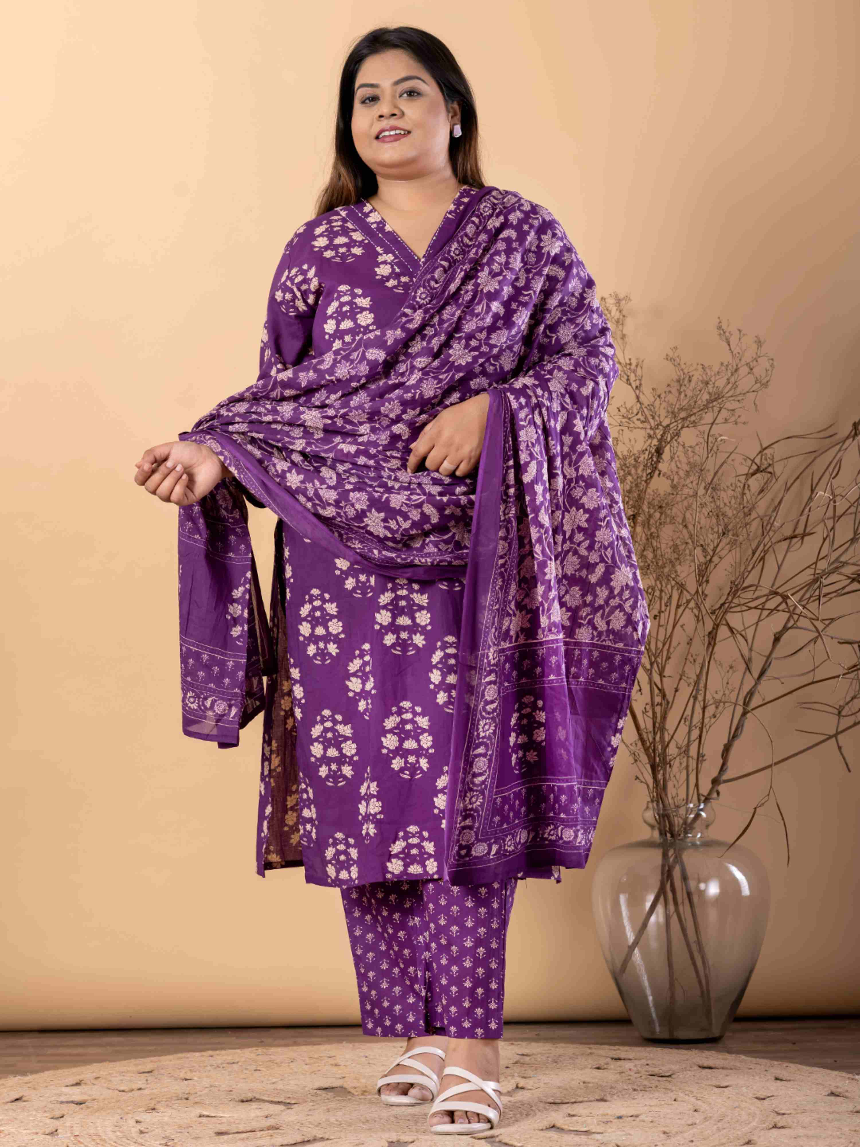 PURPLE GRACE ETHNIC PURE COTTON SUIT WITH DUPATTA