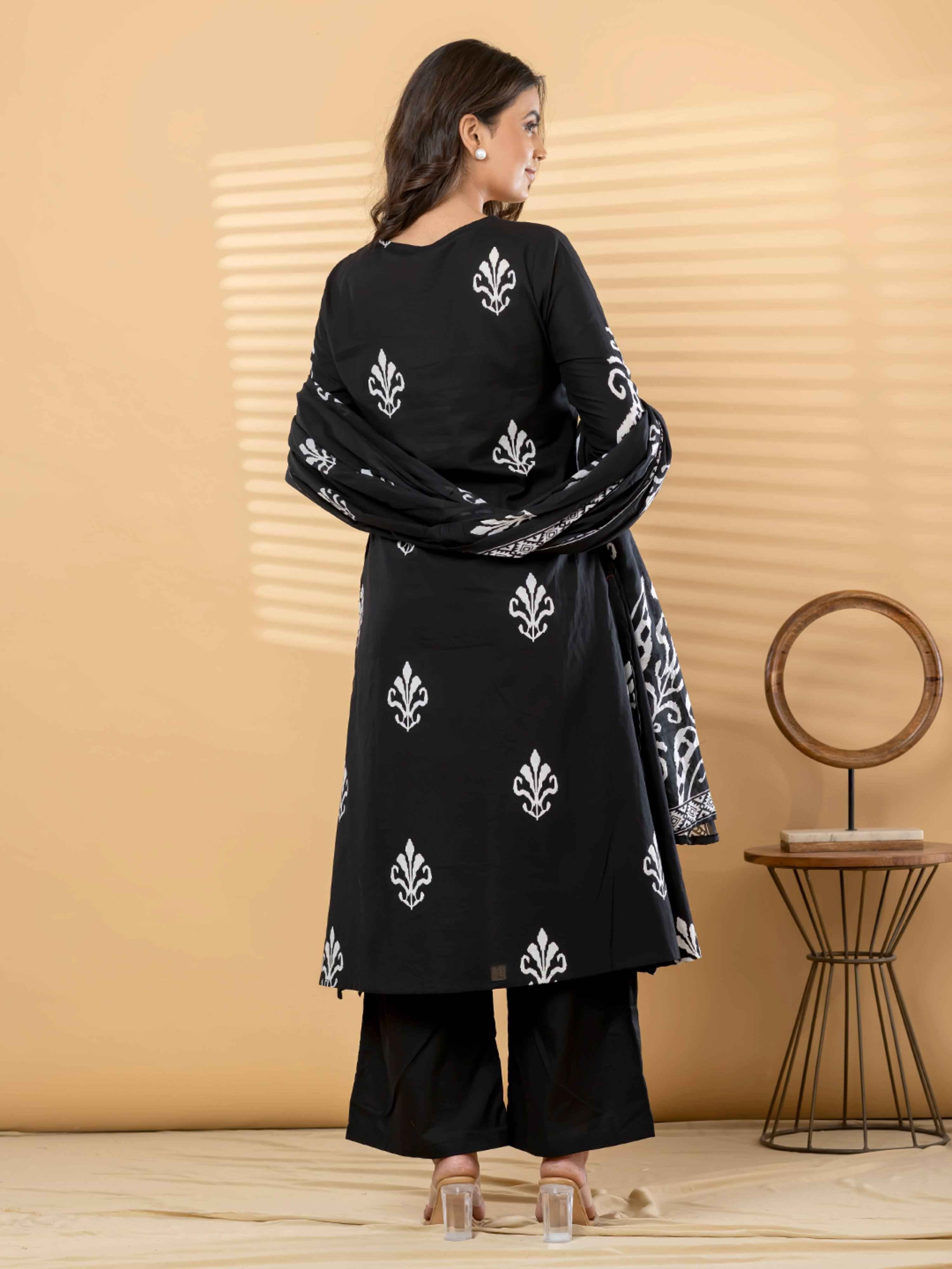 BLACK IKKAT PRINT PURE COTTON SUIT WITH DUPTTA