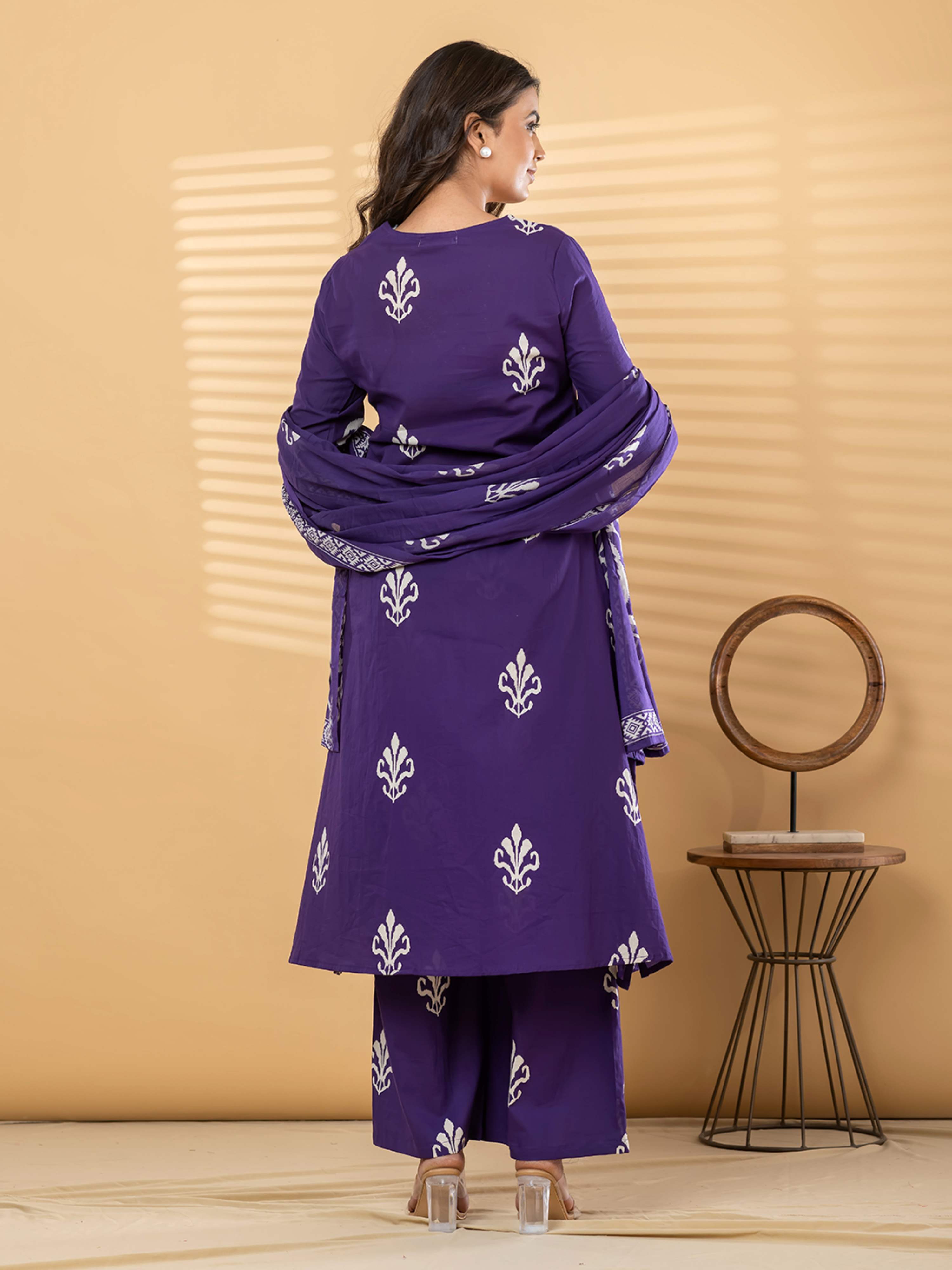 PURPLE IKKAT PRINT PURE COTTON SUIT WITH DUPTTA