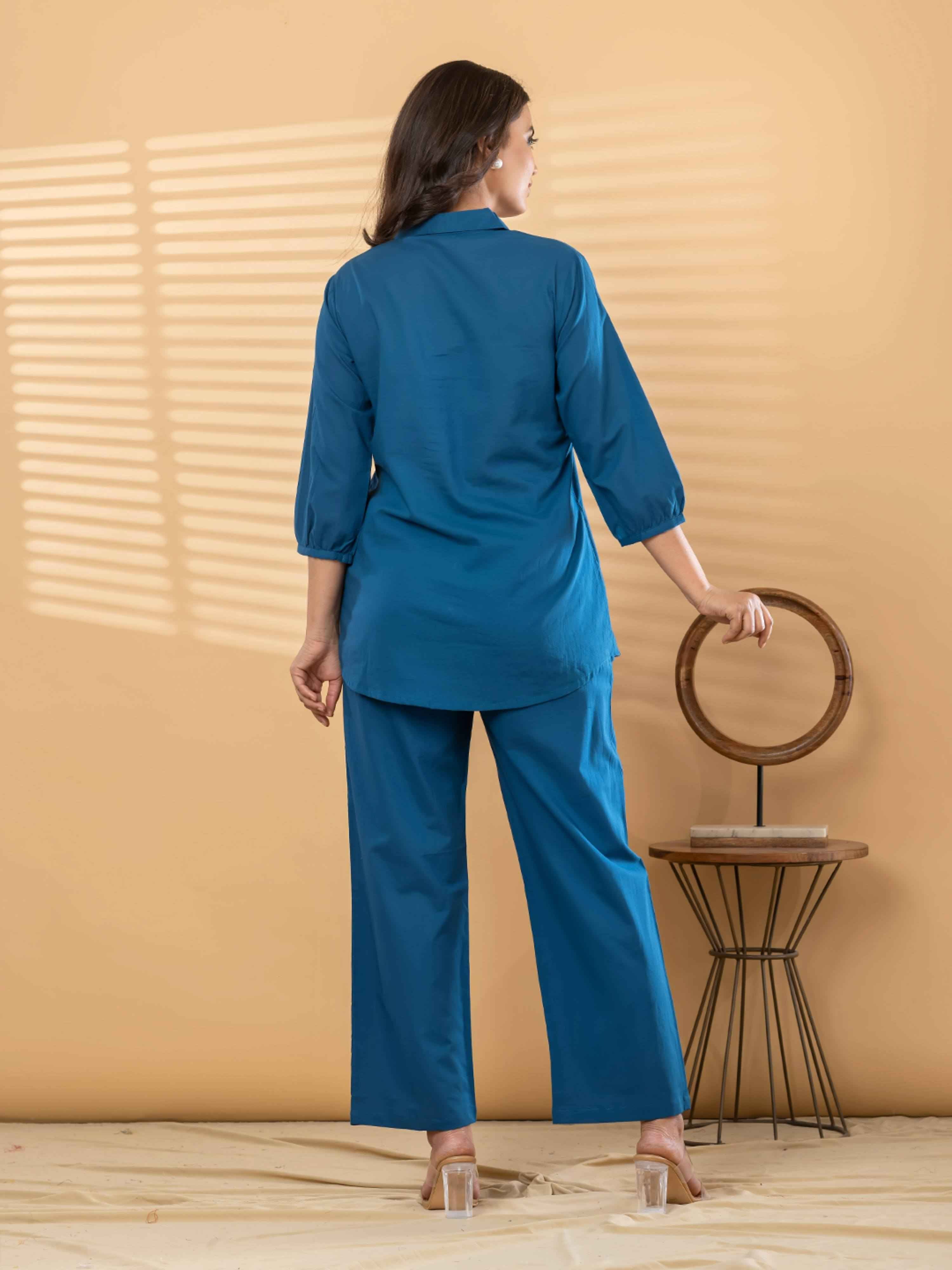 TEAL BLOOM EMBROIDERED PURE COTTON CO-ORD SET