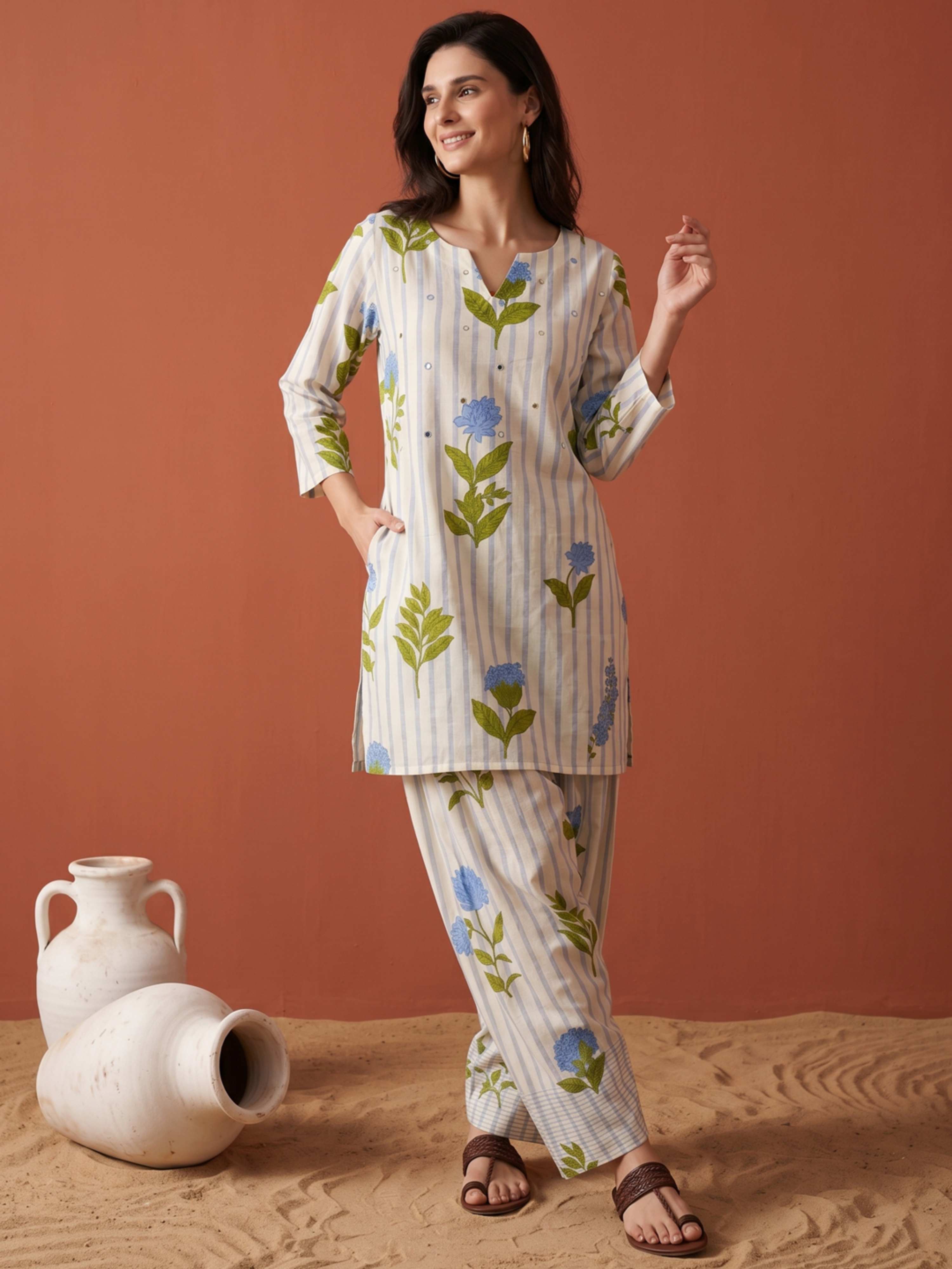 PASTEL GARDEN ETHNIC PURE COTTON FARSHI CO-ORD SET