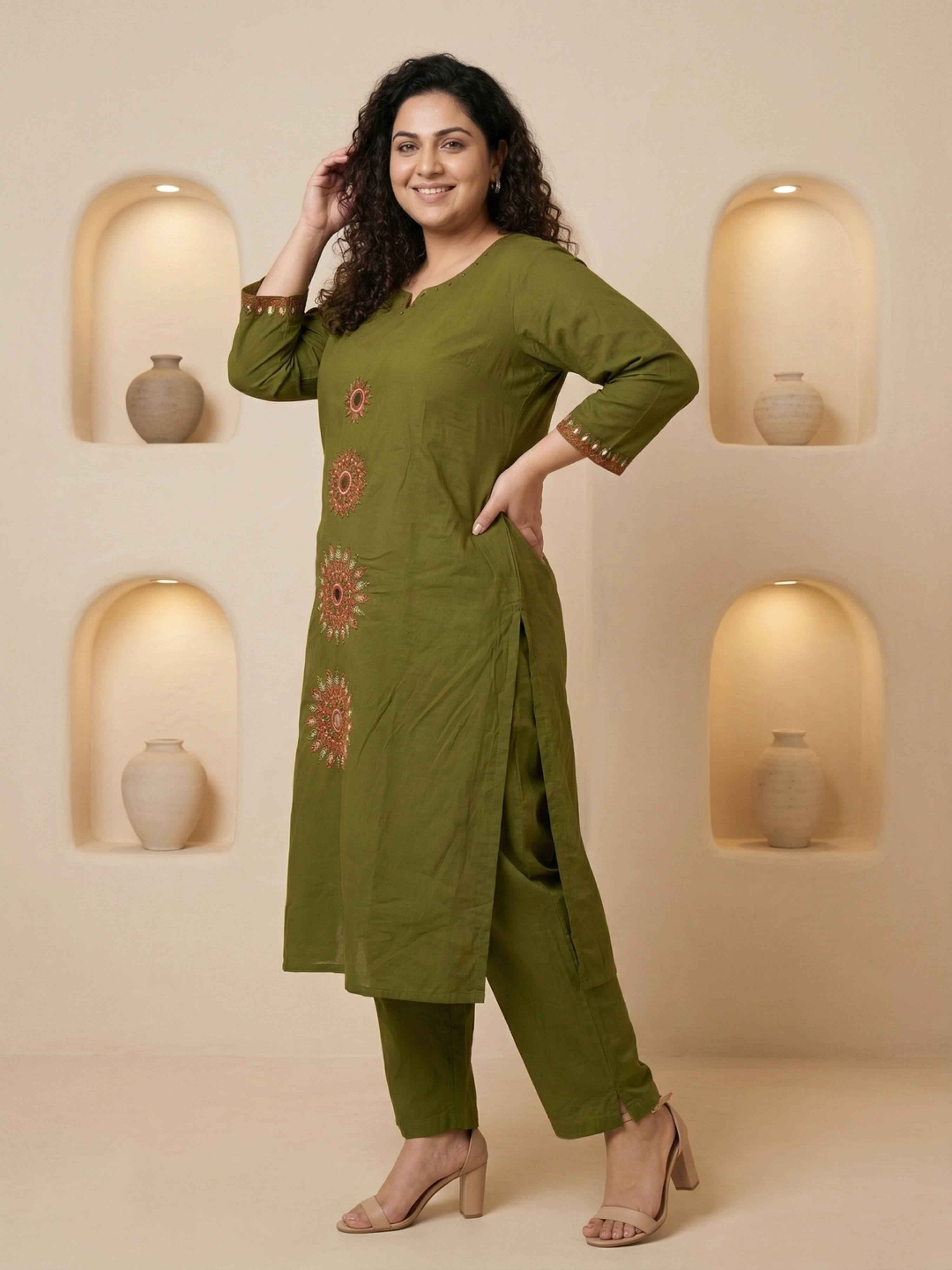 OLIVE GREEN CIRCLE EMBROIDERED SUIT WITH DUPATTA