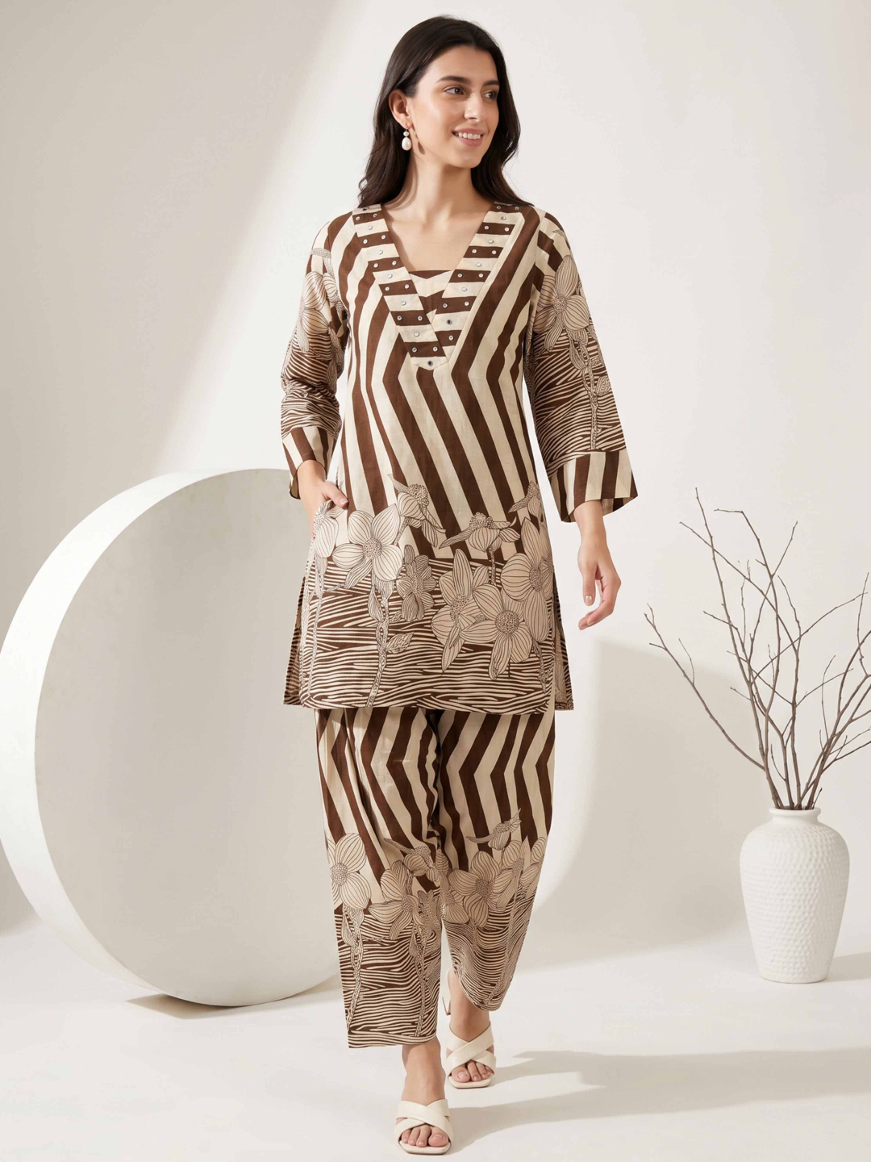 EARTHY STRIPE BLOOM PURE COTTON FARSHI CO-ORD SET