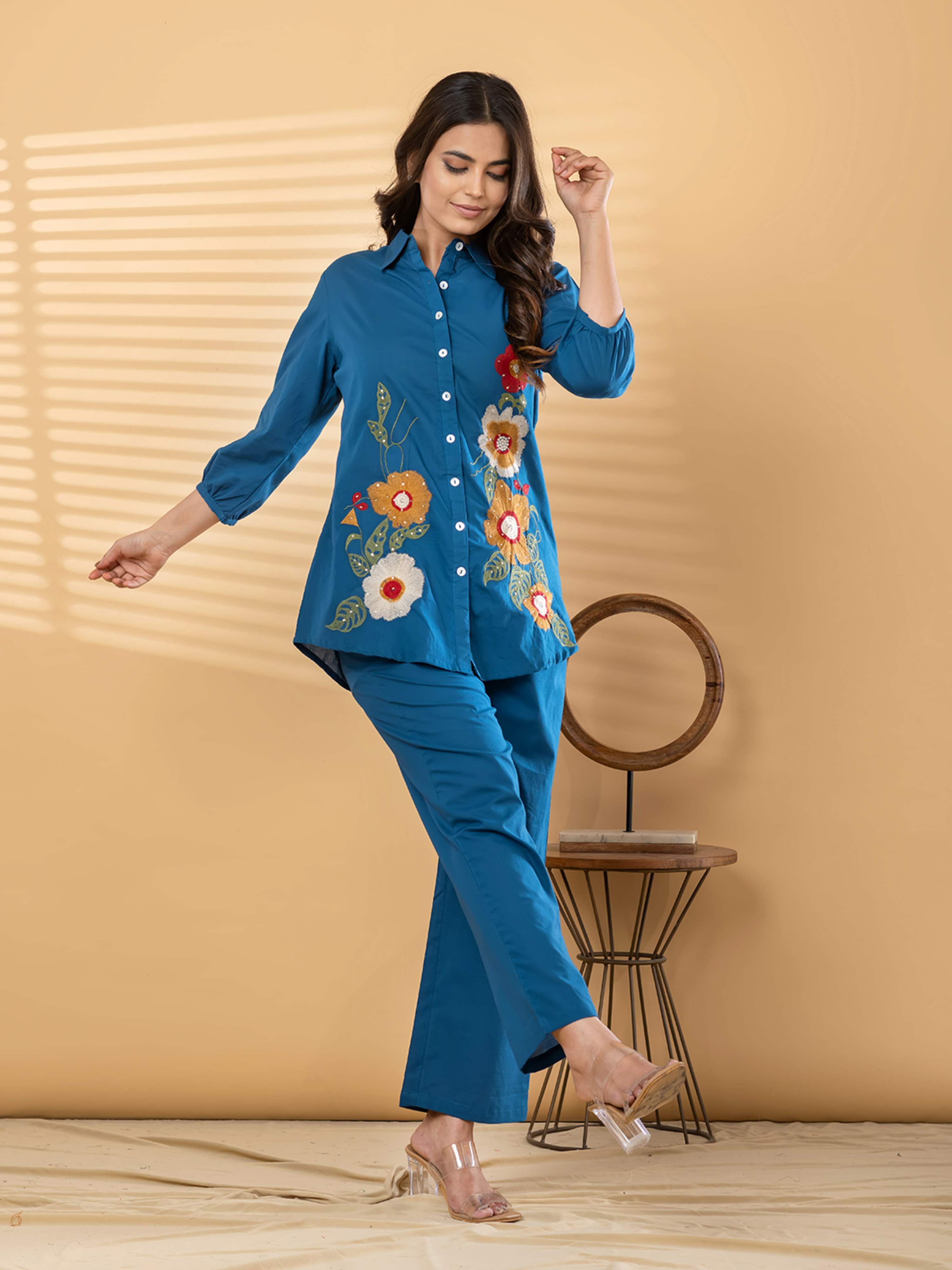 TEAL BLOOM EMBROIDERED PURE COTTON CO-ORD SET