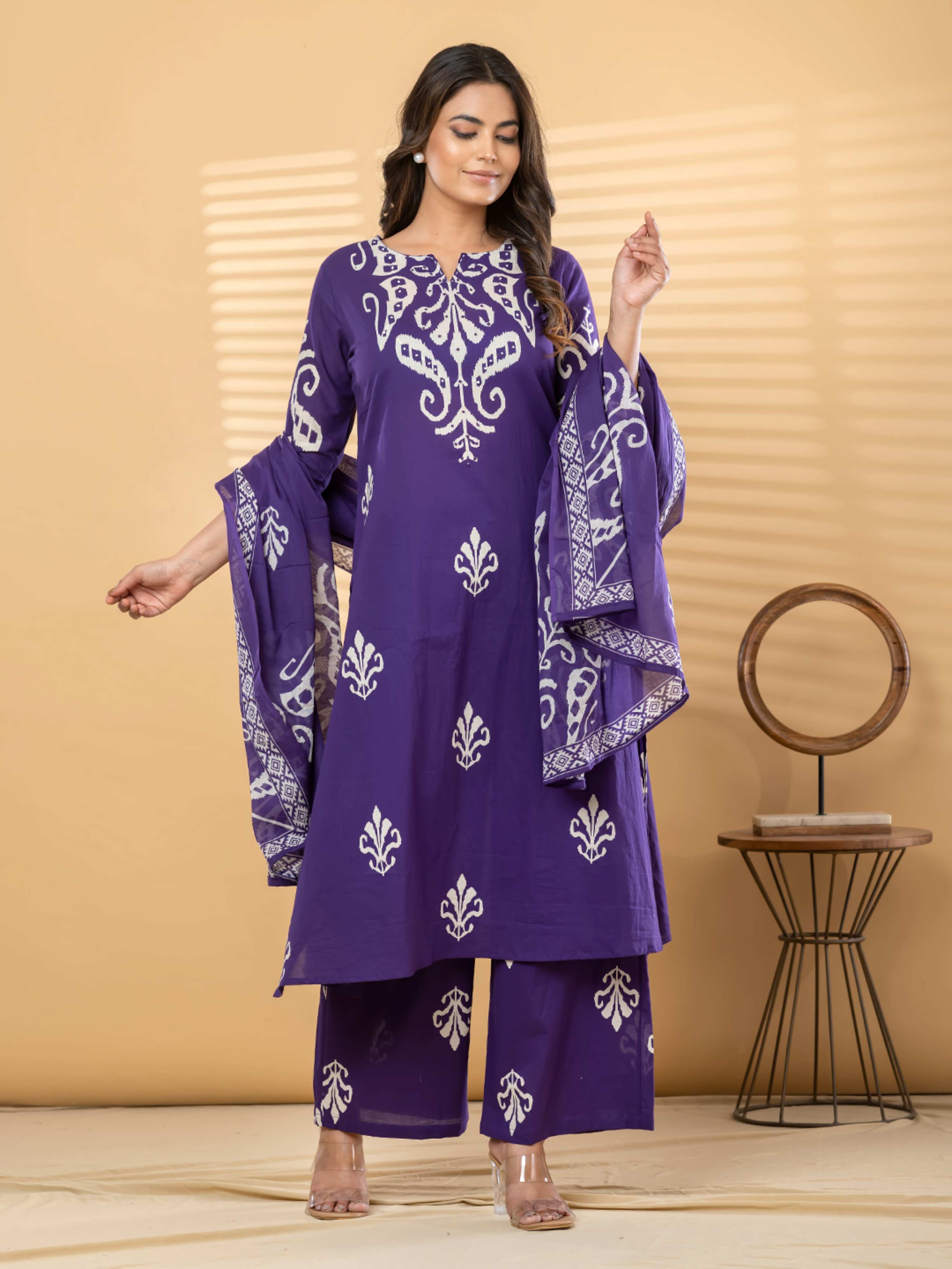 PURPLE IKKAT PRINT PURE COTTON SUIT WITH DUPTTA