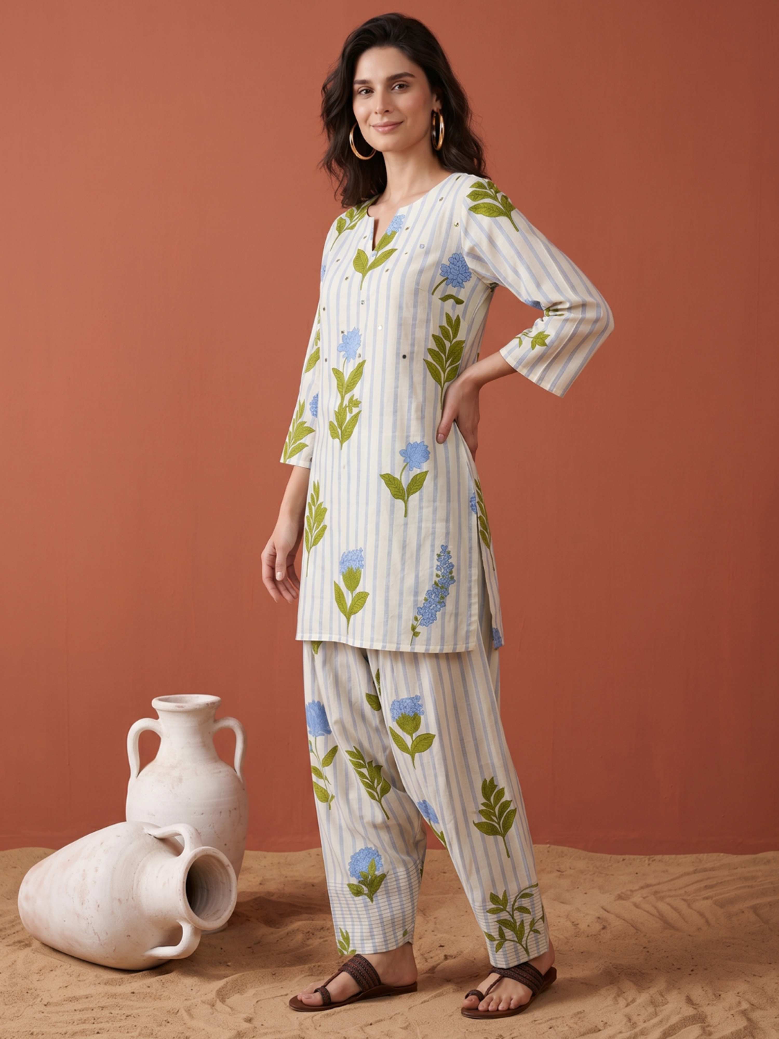 PASTEL GARDEN ETHNIC PURE COTTON FARSHI CO-ORD SET