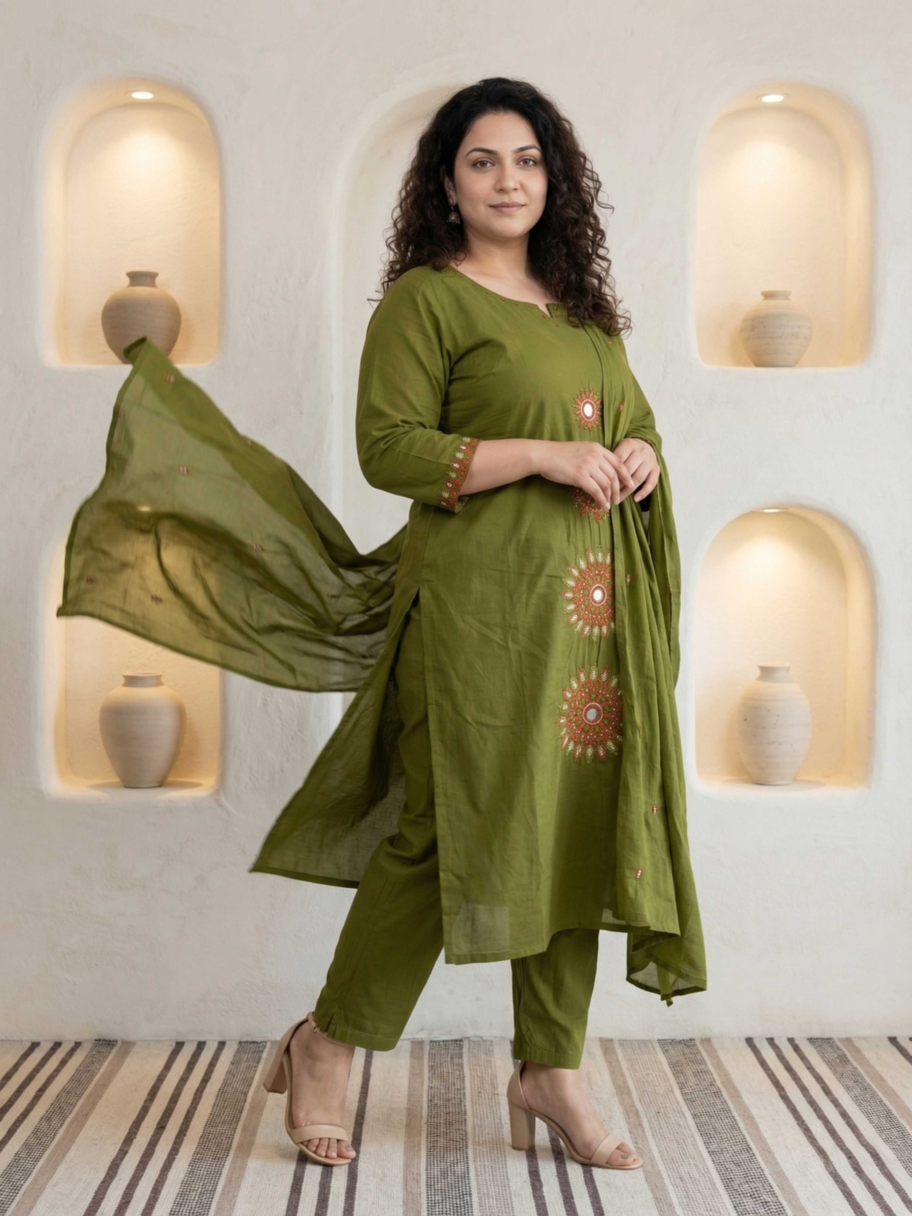 OLIVE GREEN CIRCLE EMBROIDERED SUIT WITH DUPATTA