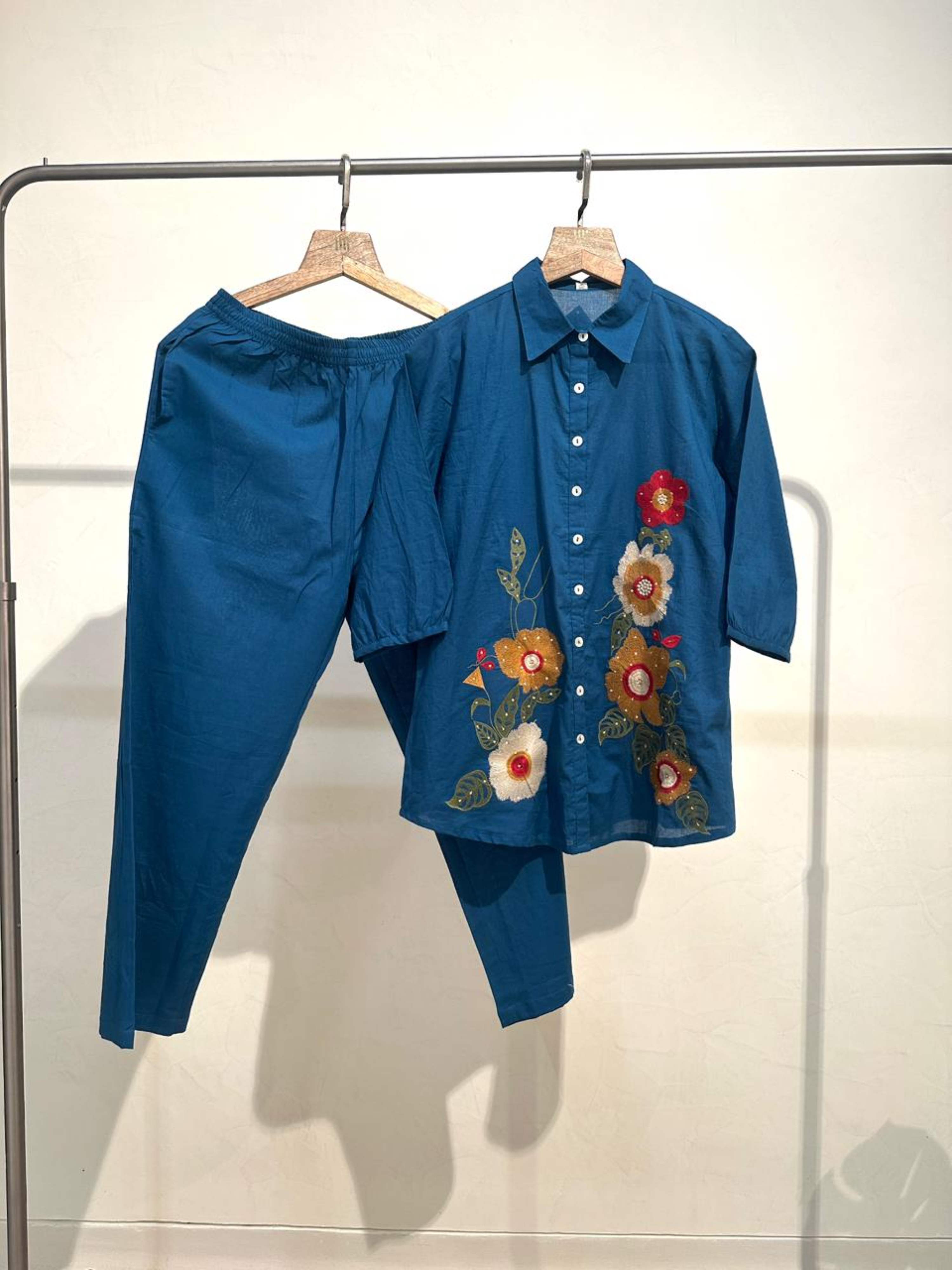 TEAL BLOOM EMBROIDERED PURE COTTON CO-ORD SET