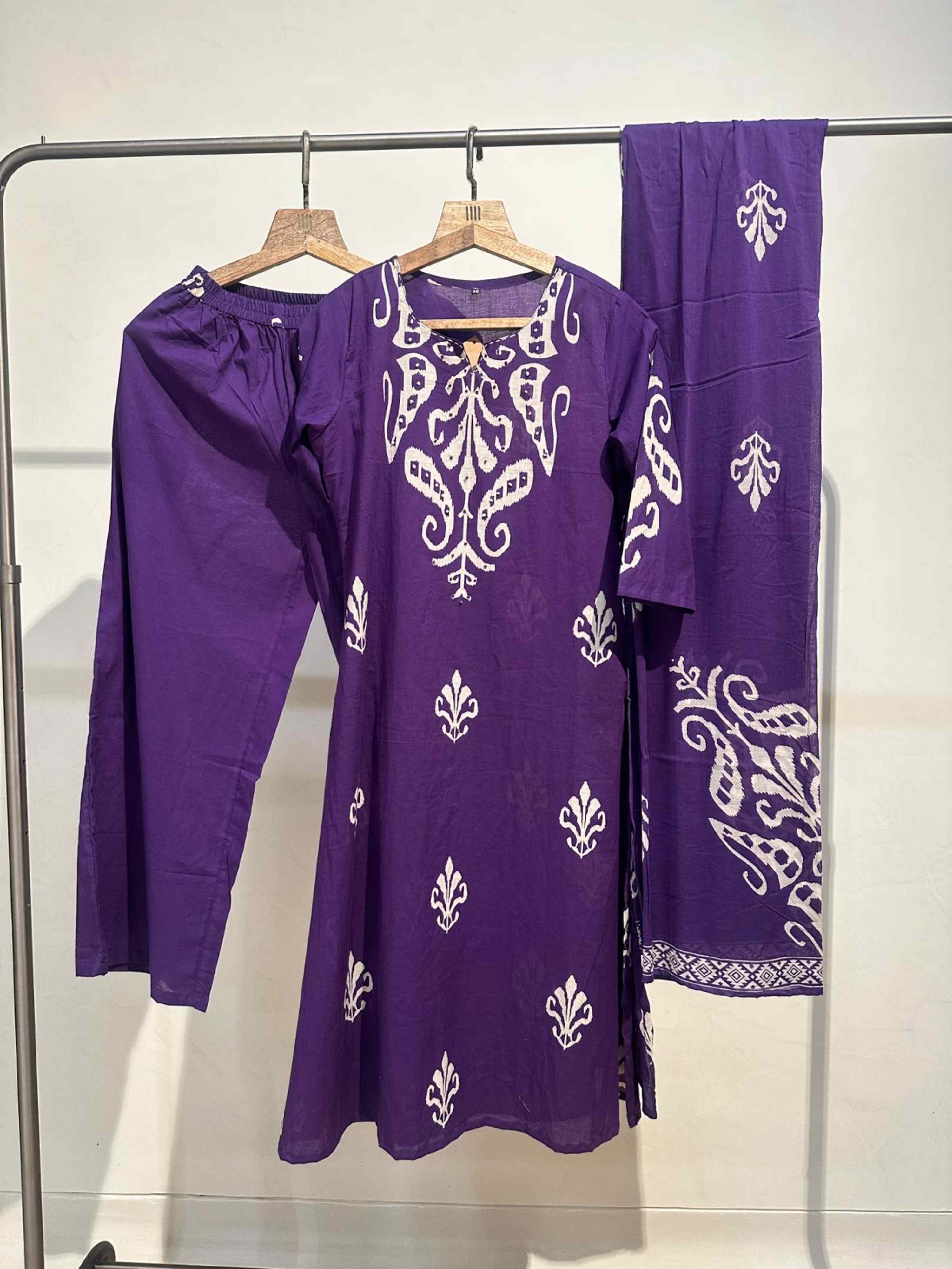 PURPLE IKKAT PRINT PURE COTTON SUIT WITH DUPTTA
