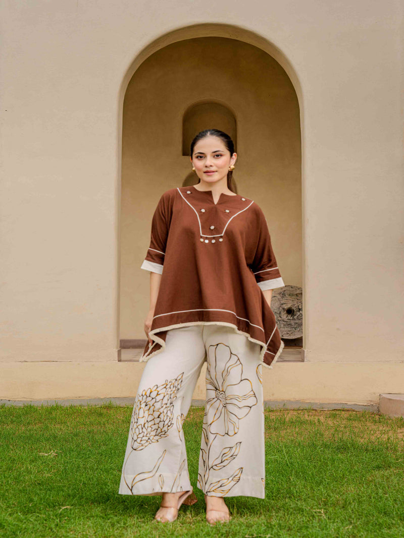 COCOA PONCHO-STYLE PURE COTTON EMBROIDERED CO-ORD SET
