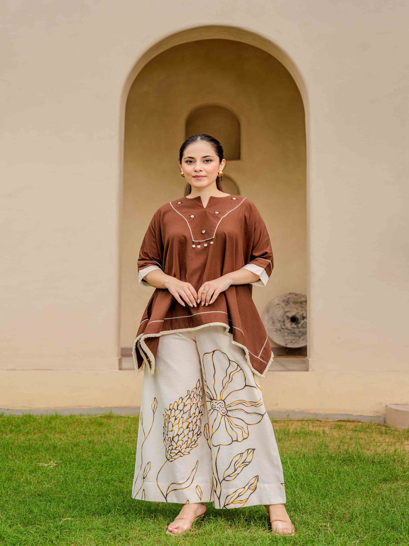 COCOA PONCHO-STYLE PURE COTTON EMBROIDERED CO-ORD SET