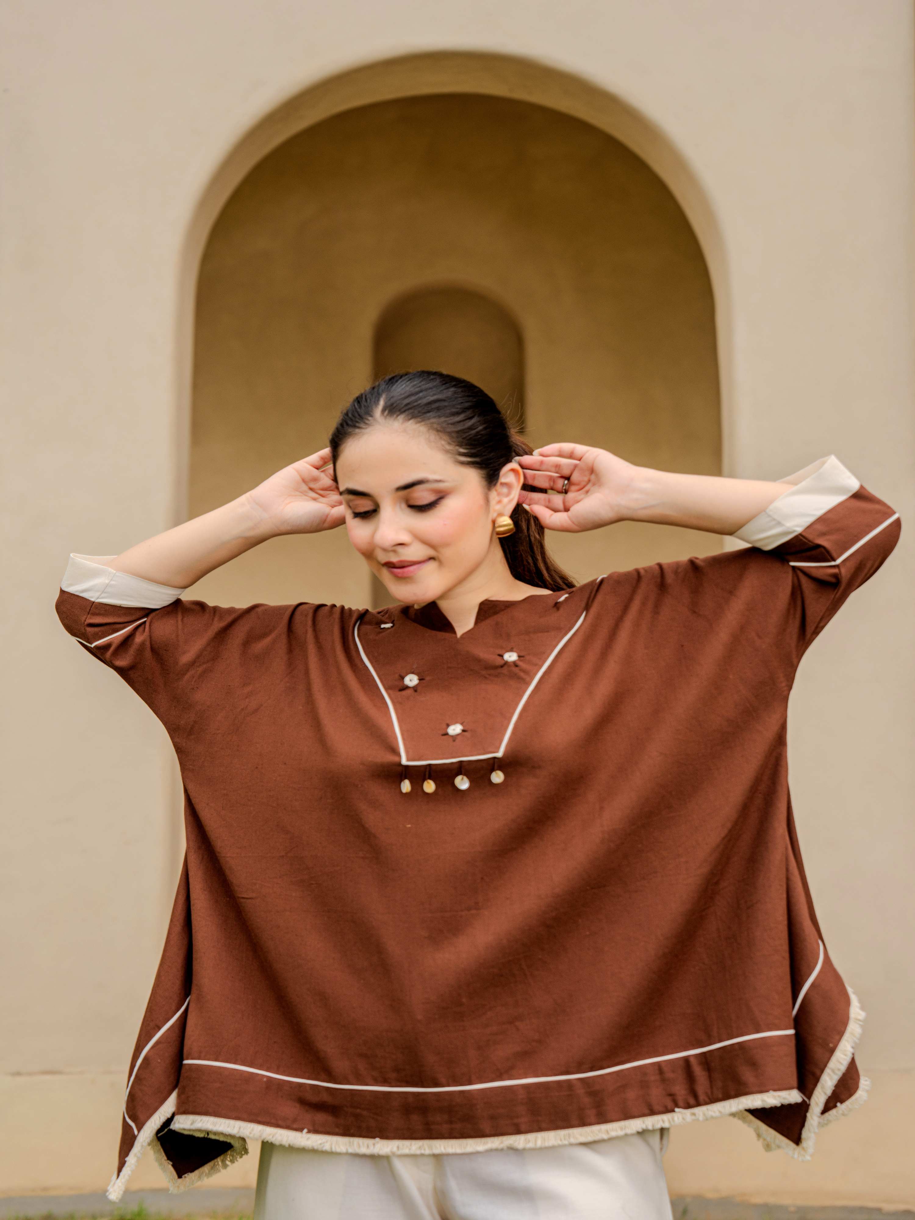 COCOA PONCHO-STYLE PURE COTTON EMBROIDERED CO-ORD SET