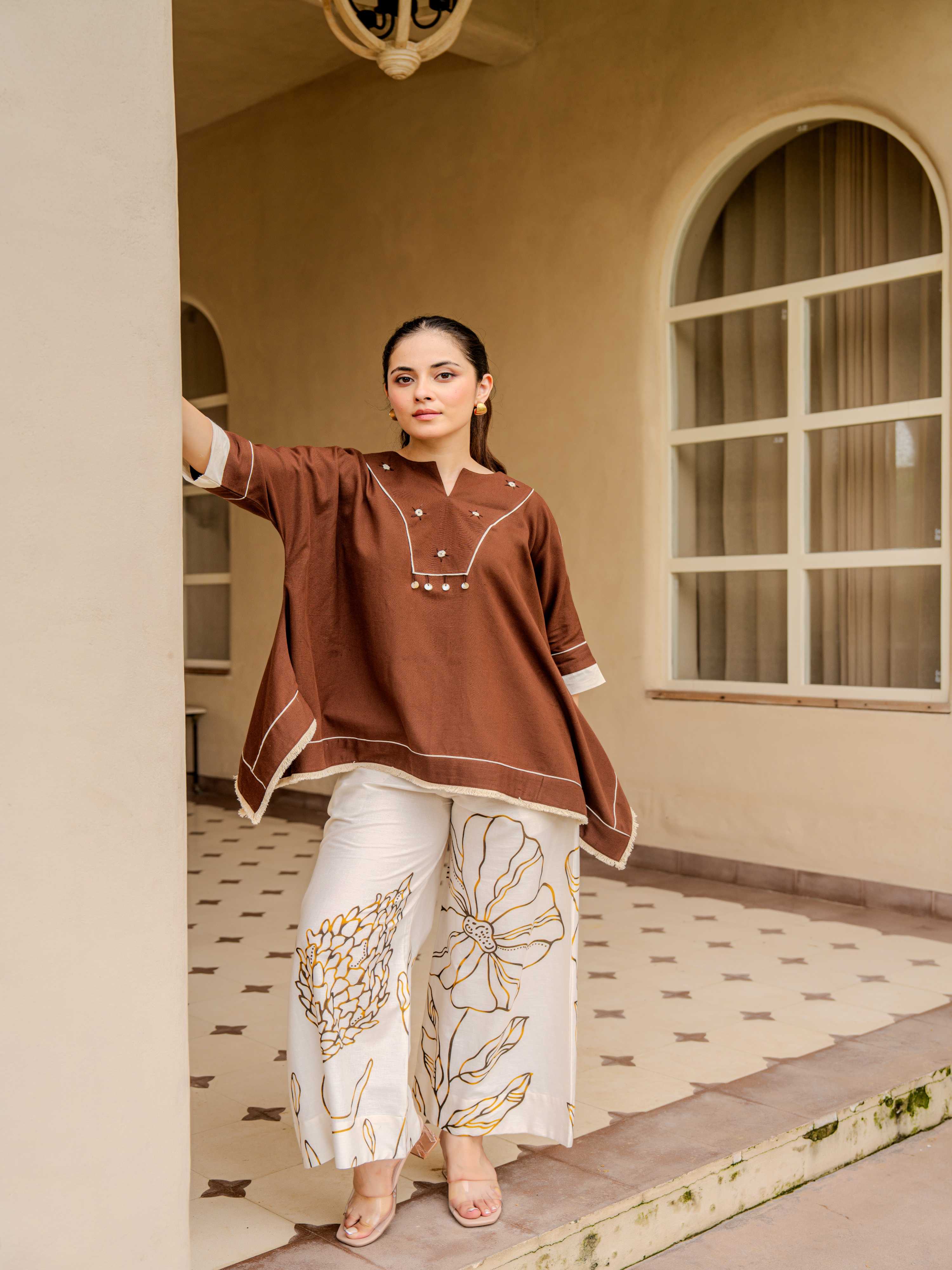 COCOA PONCHO-STYLE PURE COTTON EMBROIDERED CO-ORD SET