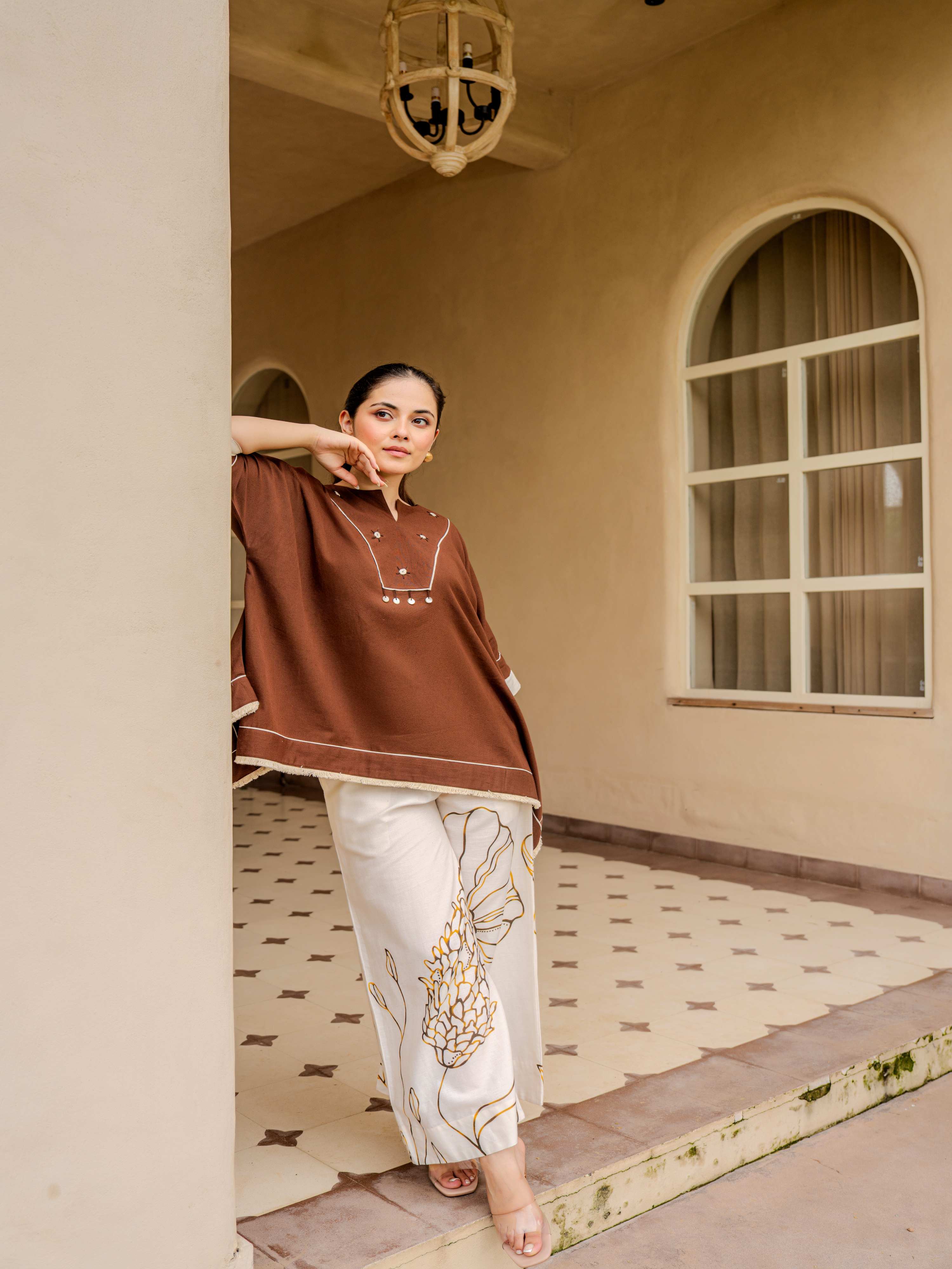 COCOA PONCHO-STYLE PURE COTTON EMBROIDERED CO-ORD SET