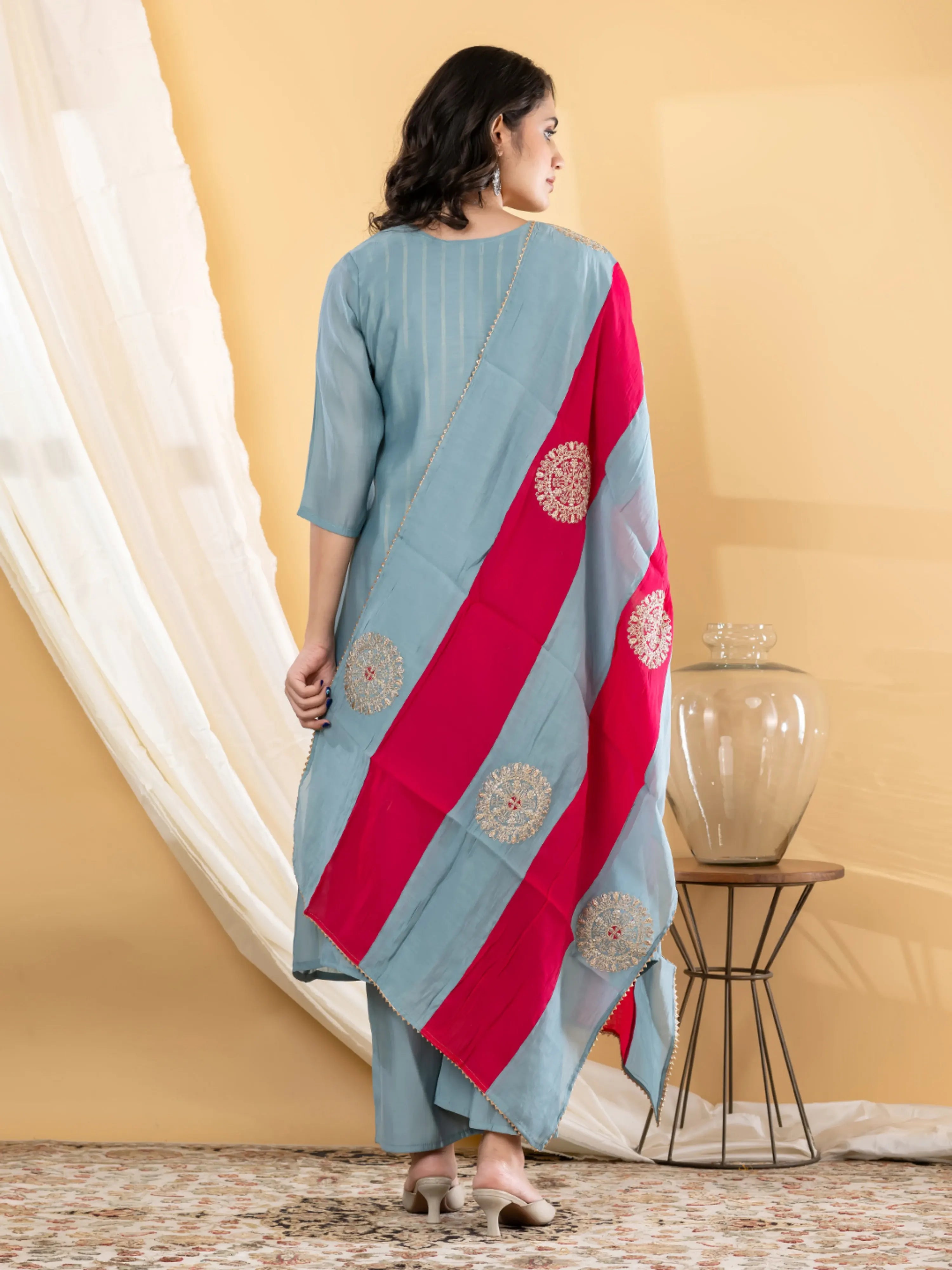 SKY BLOOM EMBROIDERED PURE BANARSI MUL CHANDERI SUIT SET
