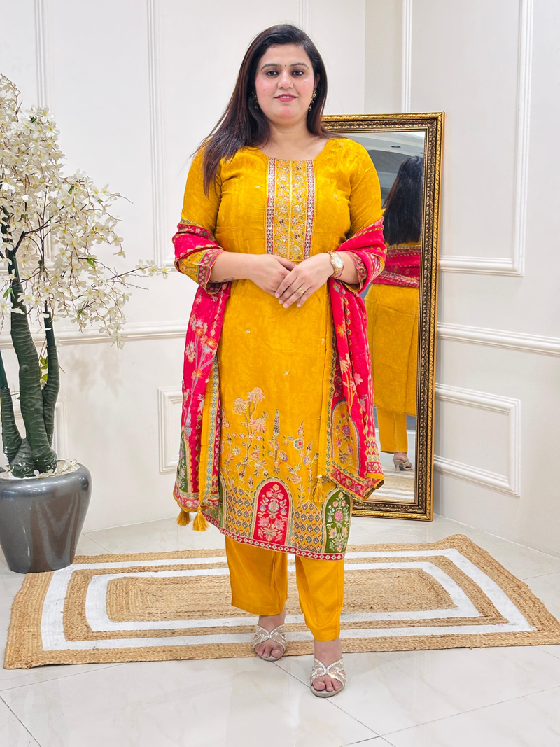 ANISA YELLOW ZARI WORK PURE CREPE  SUIT SET