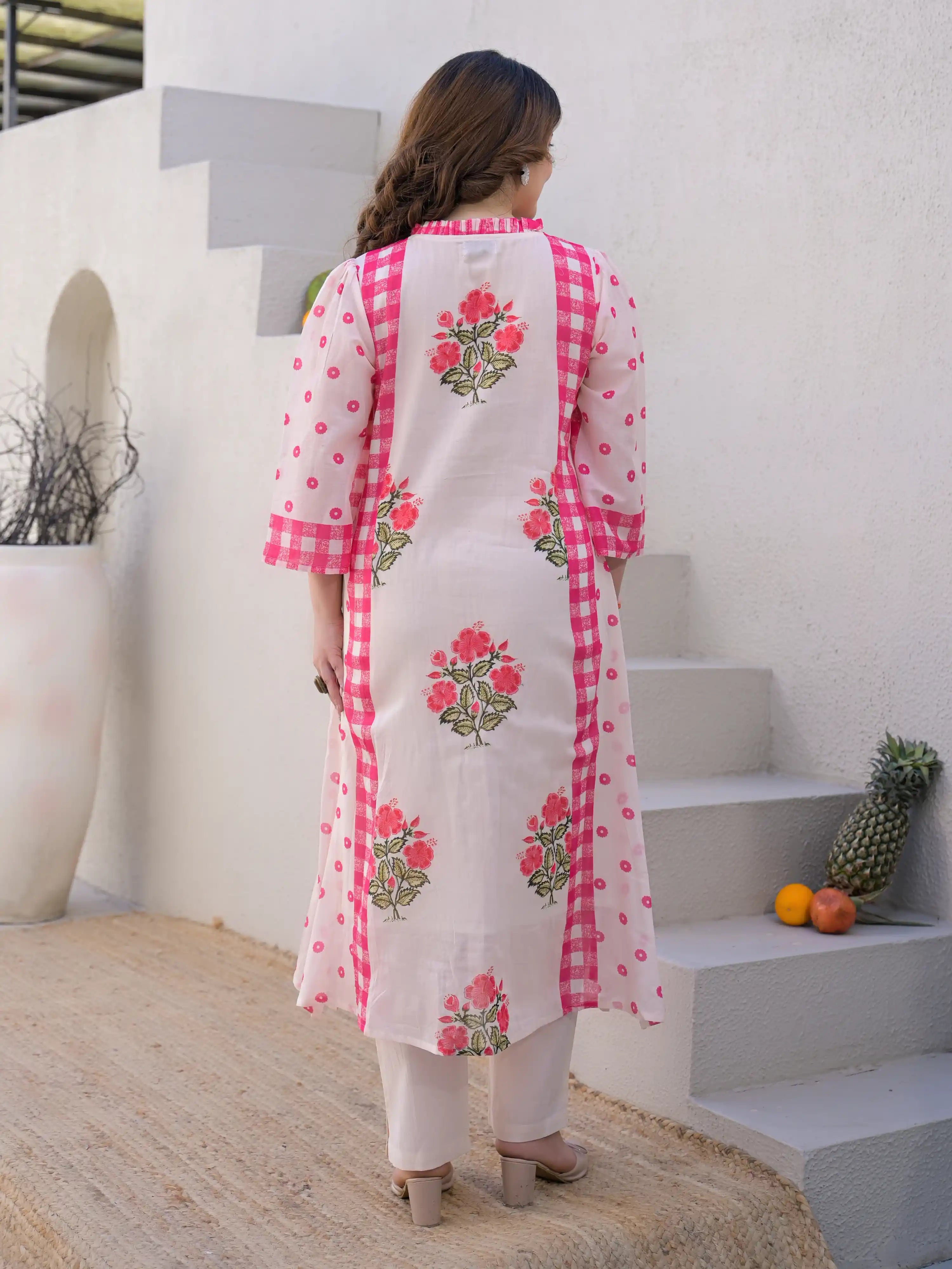 SOFT BLUSH FLORAL A-LINE PURE MUL COTTON KURTA SET