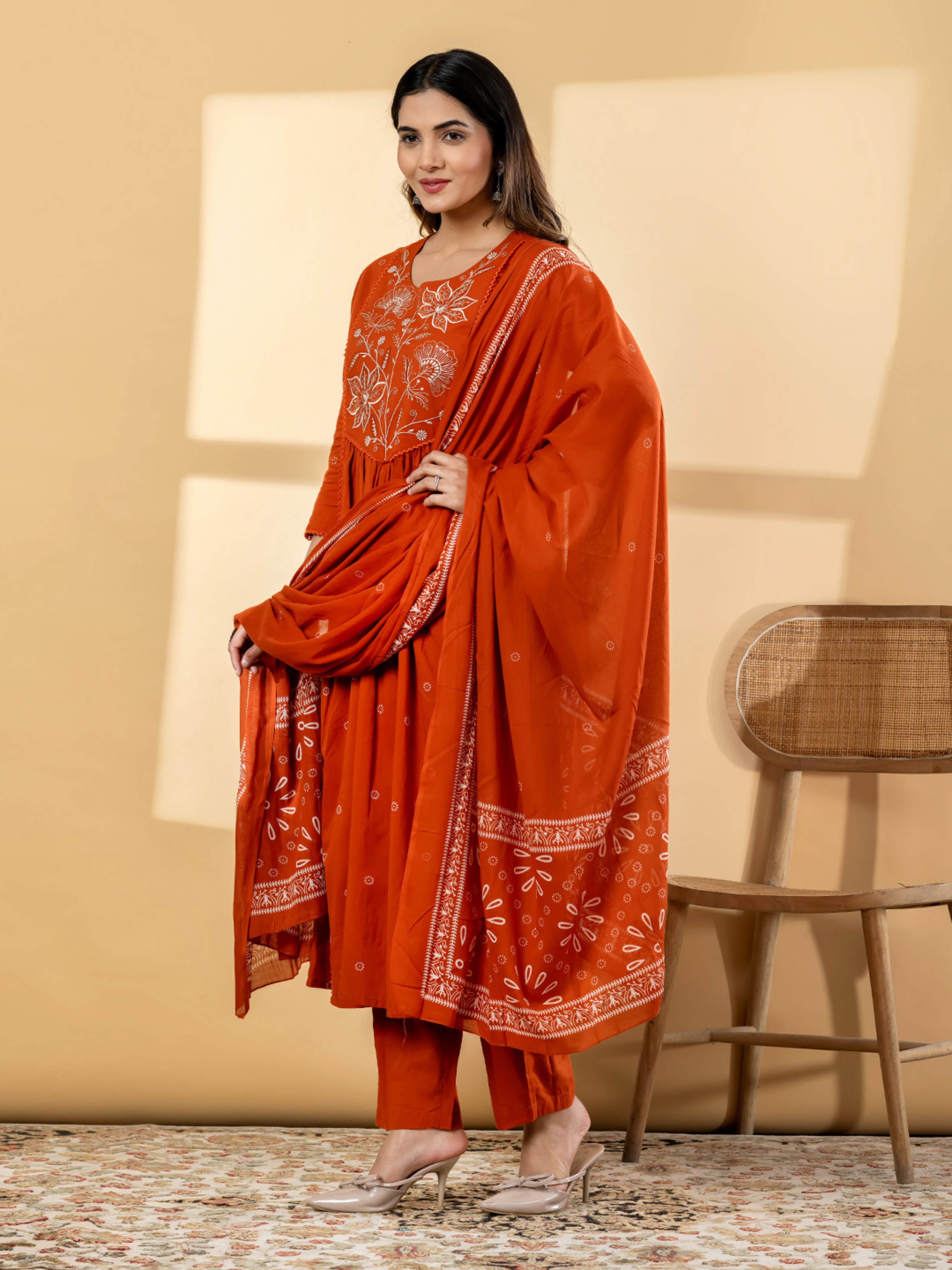 RUST ORANGE EMBROIDERED ANARKALI SUIT SET