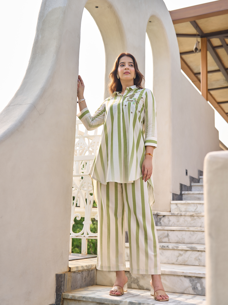 SANA STRIPED EMBROIDERED FLEX COTTON  CO-ORD SET