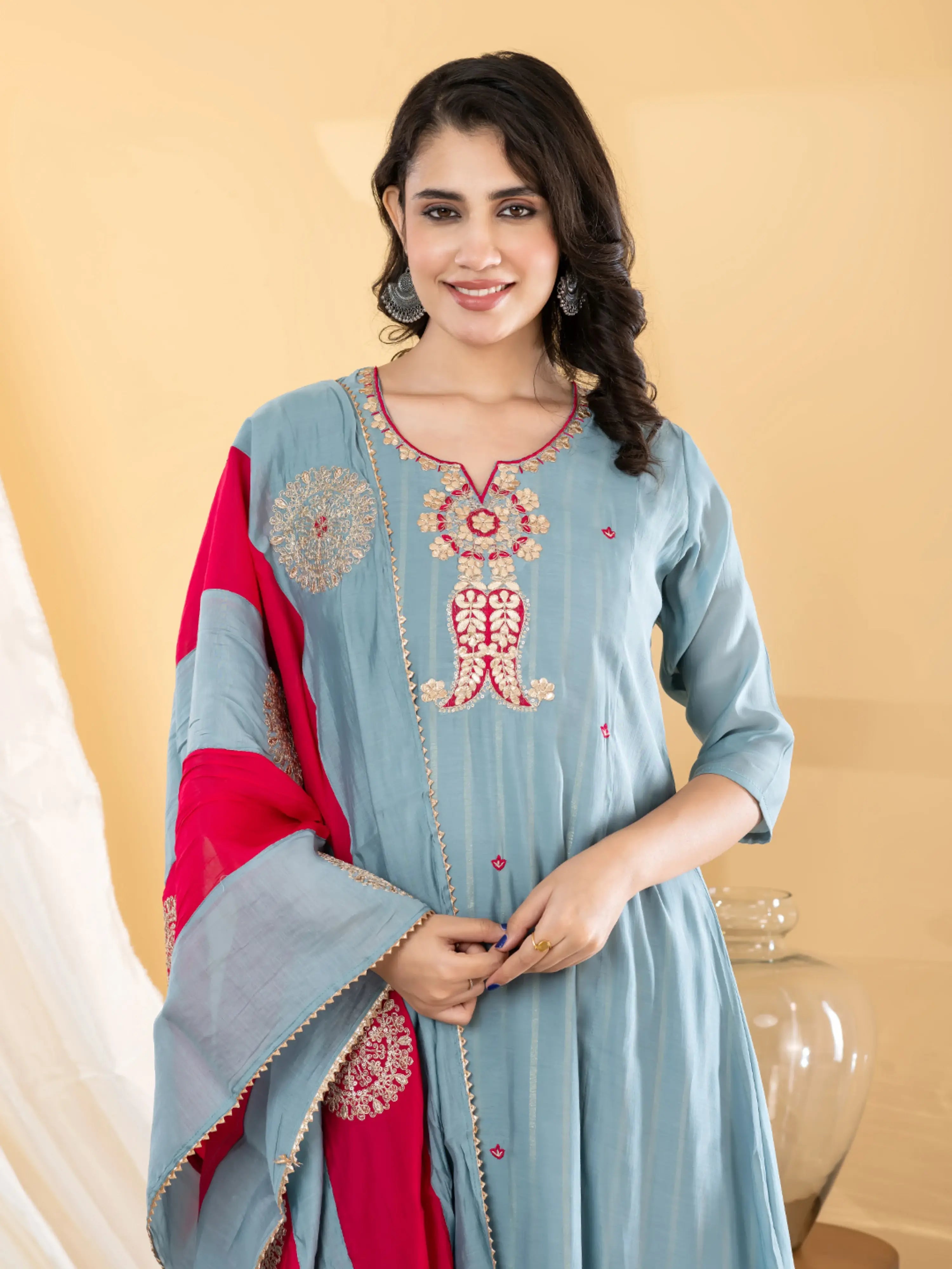 SKY BLOOM EMBROIDERED PURE BANARSI MUL CHANDERI SUIT SET