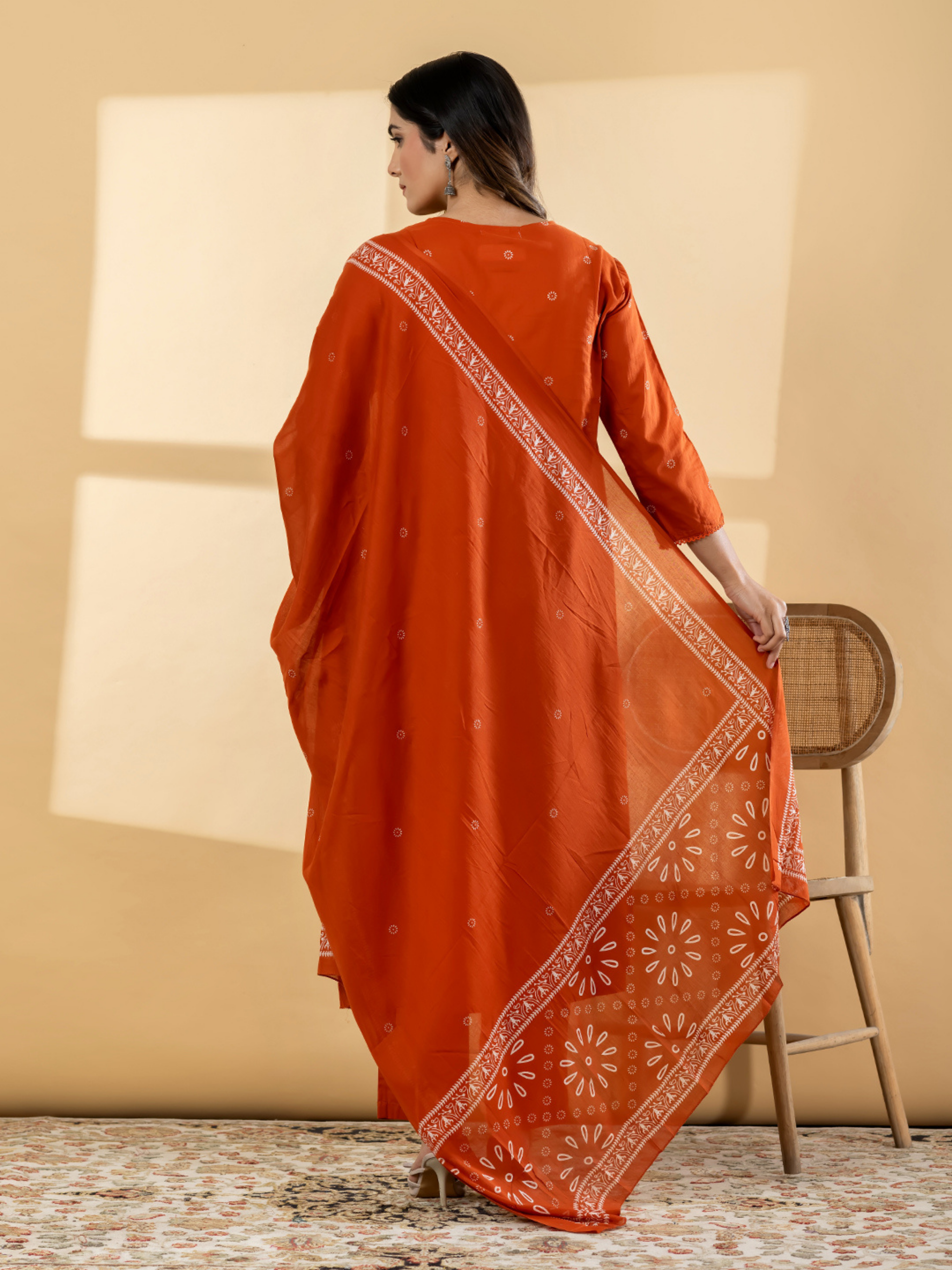 RUST ORANGE EMBROIDERED ANARKALI SUIT SET