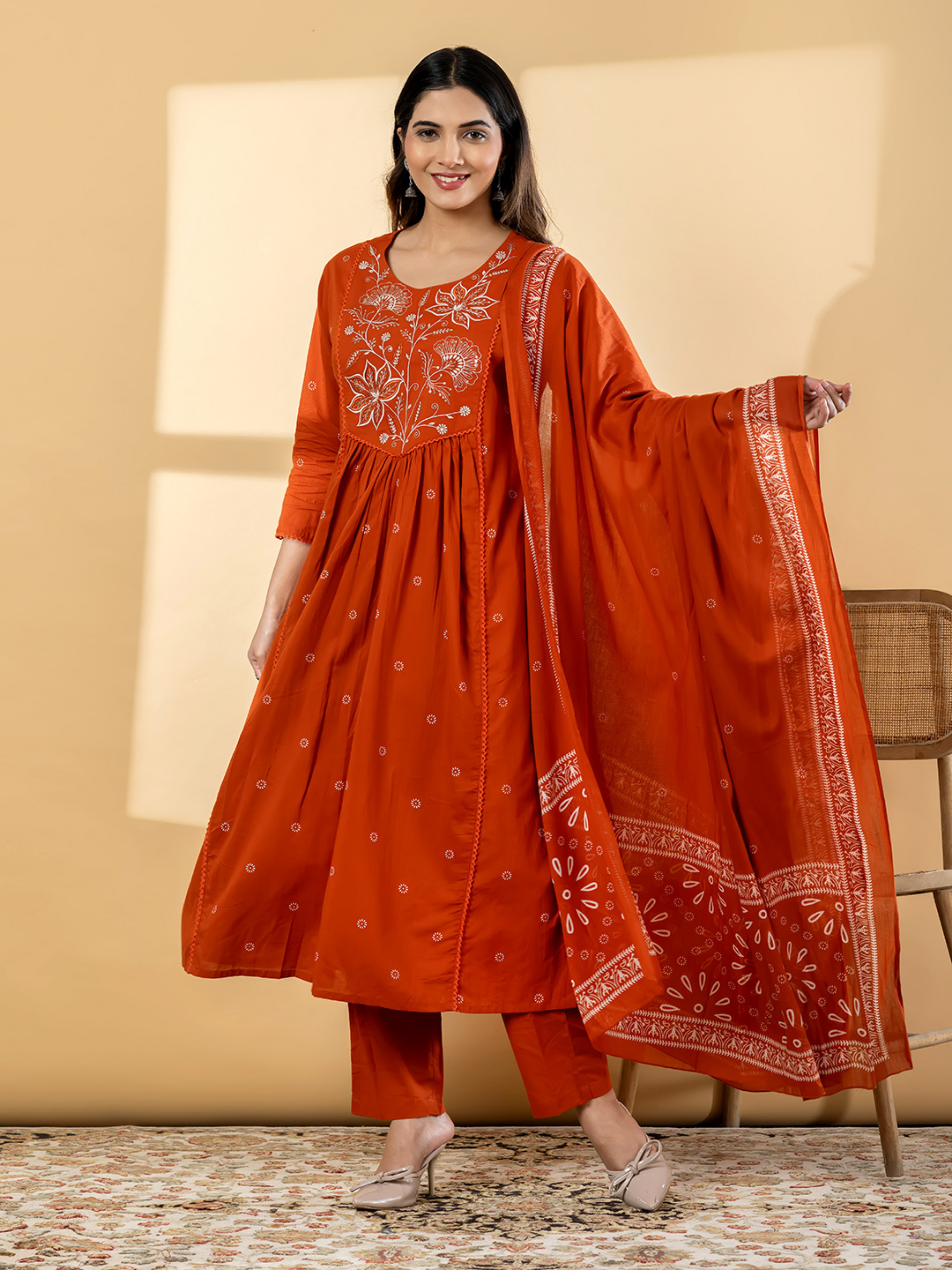RUST ORANGE EMBROIDERED ANARKALI SUIT SET