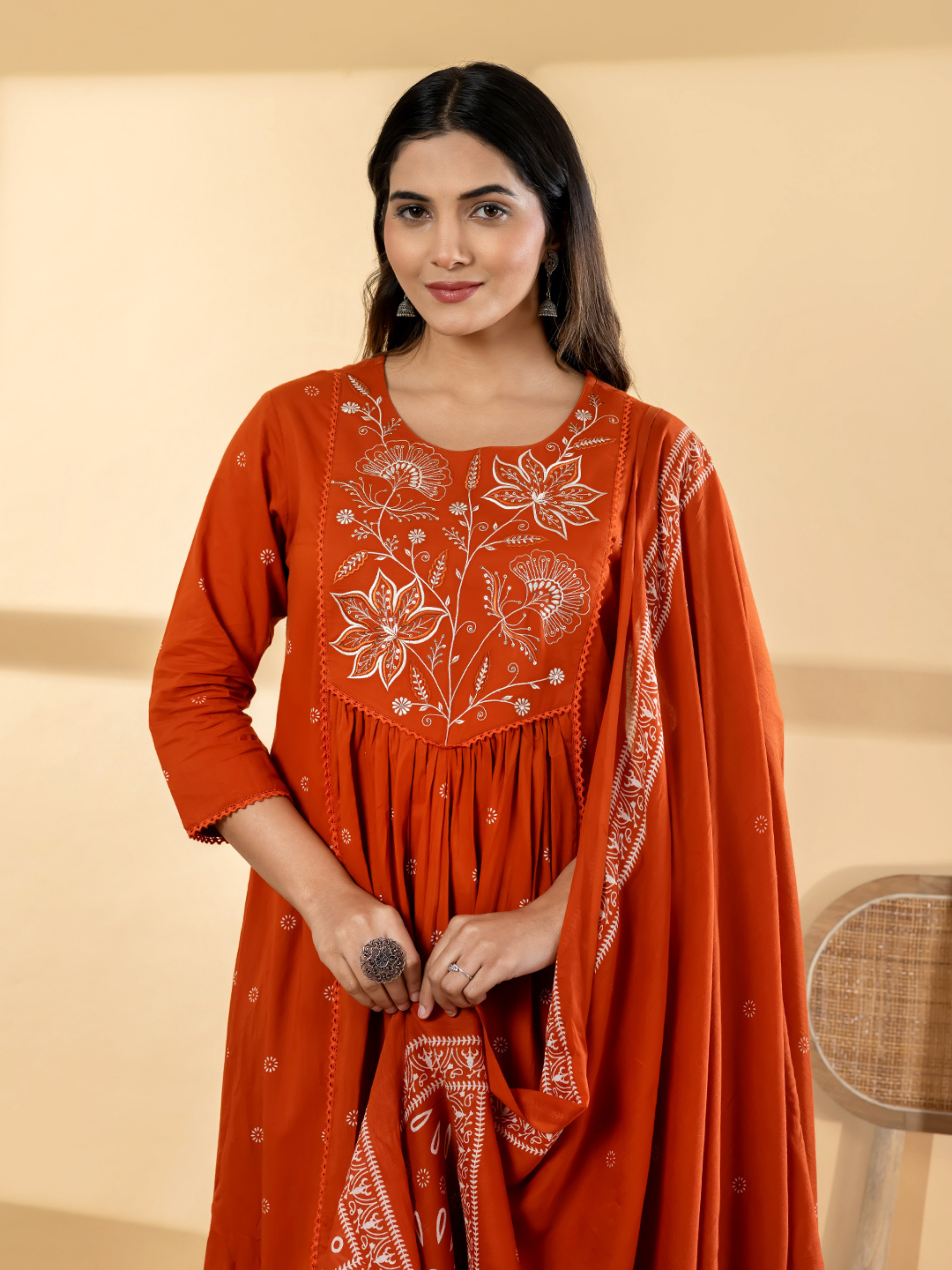 RUST ORANGE EMBROIDERED ANARKALI SUIT SET