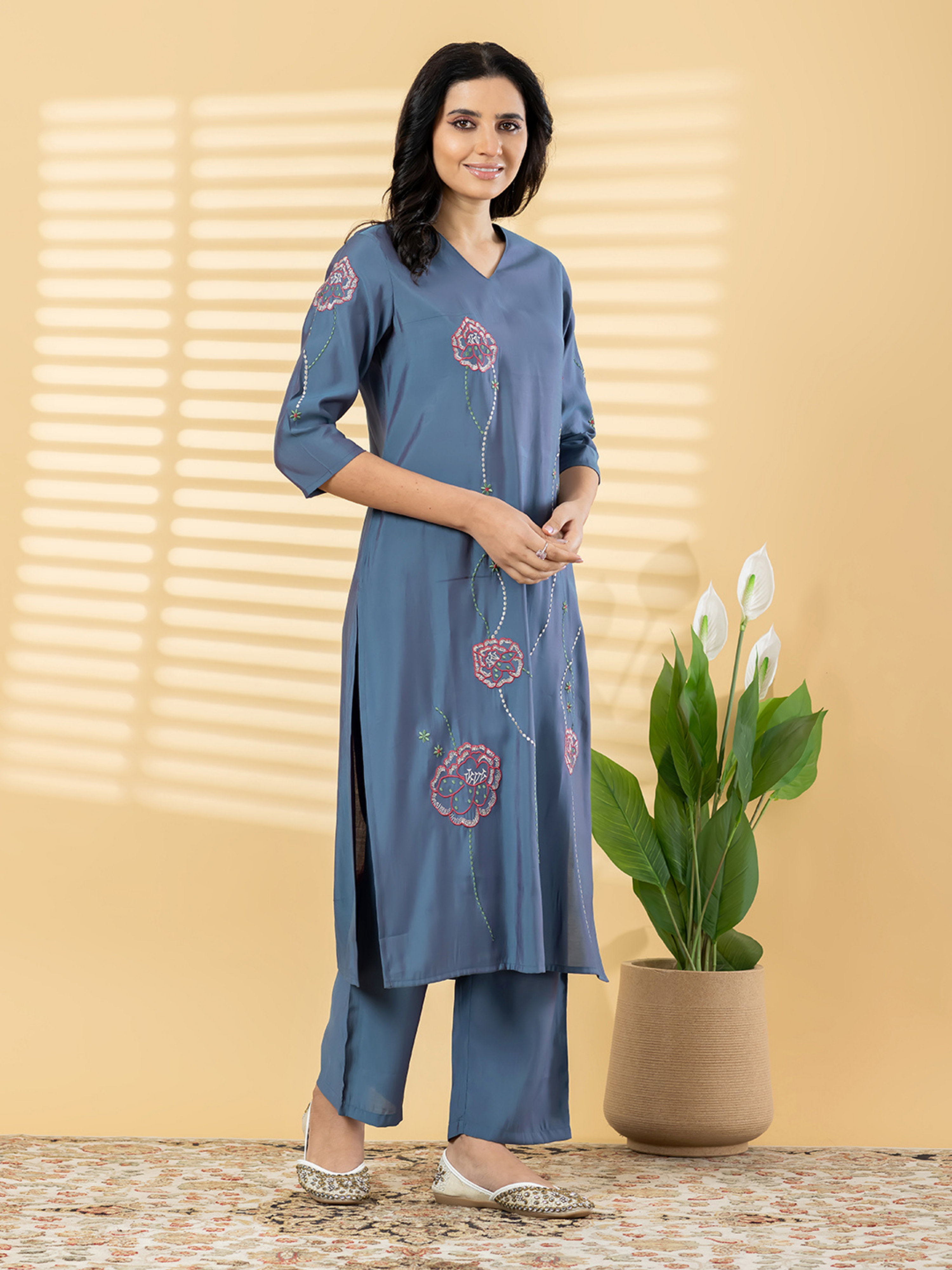 STEEL BLUE FLORAL EMBROIDERED KURTA SET